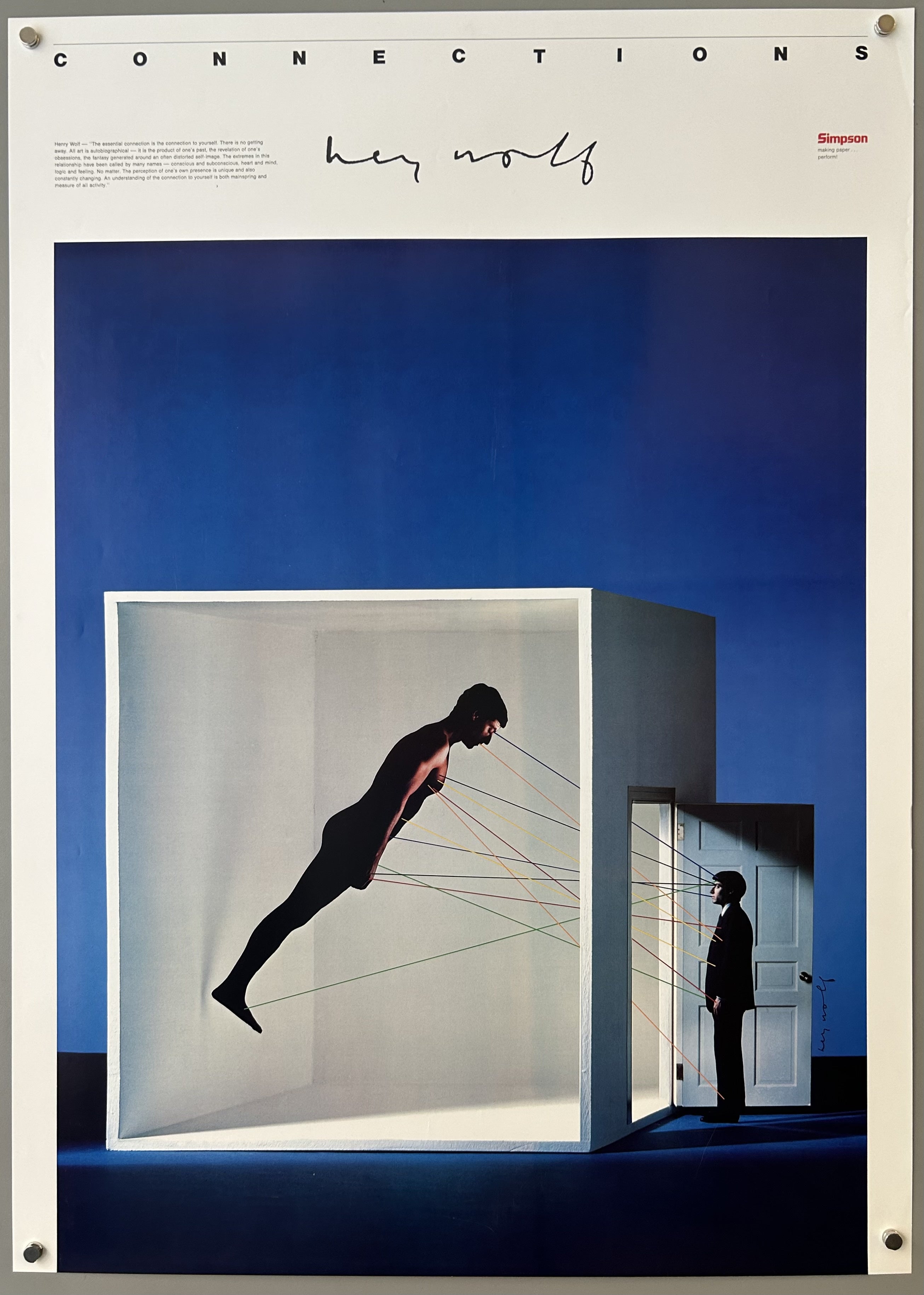 Abstract art from Henry Wolf featuring a man looking at a nude man through a door against a blue backdrop.