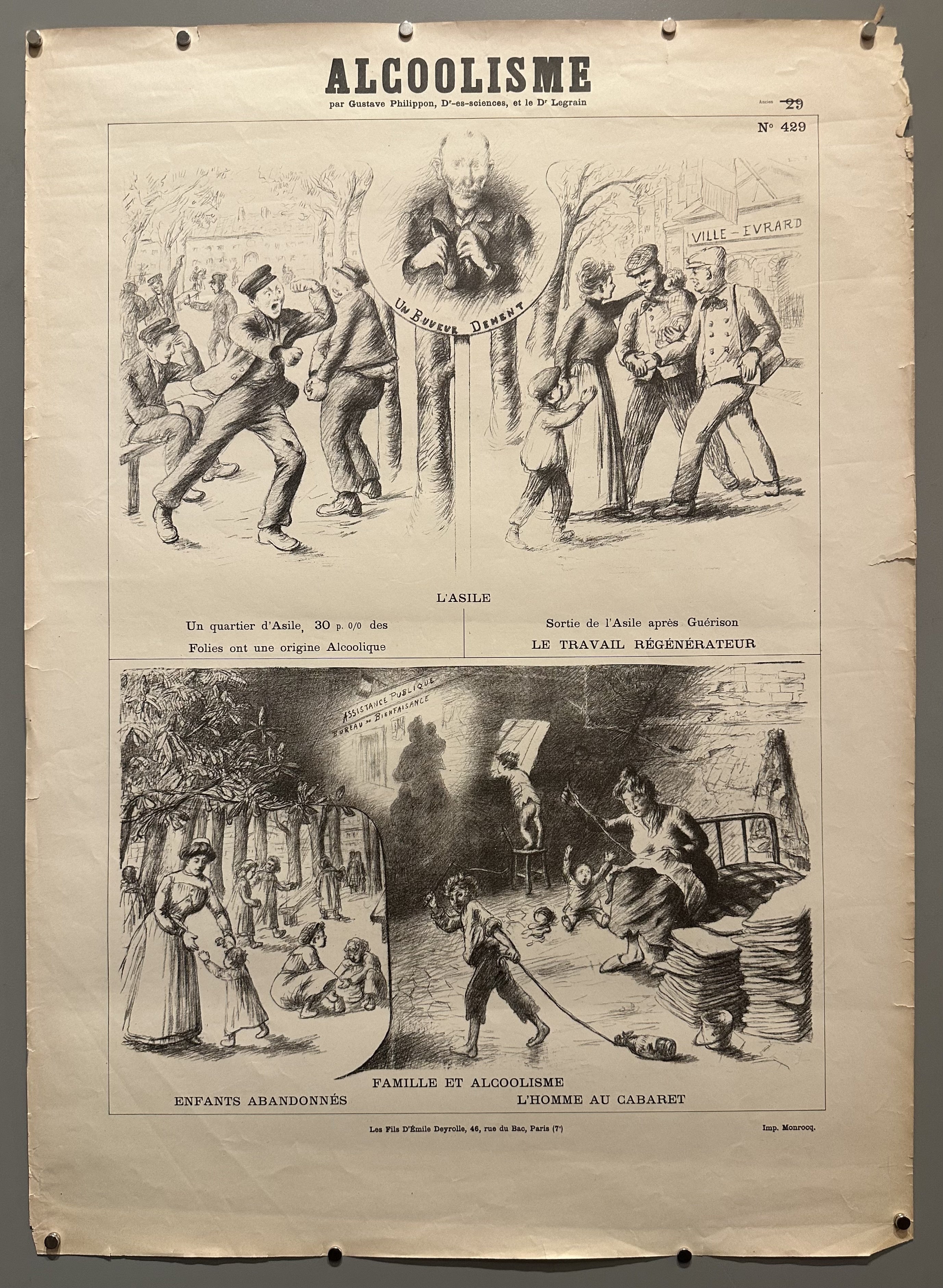 Two vignetttes of people suffering from alcohol abuse in anti-alcohol poster.