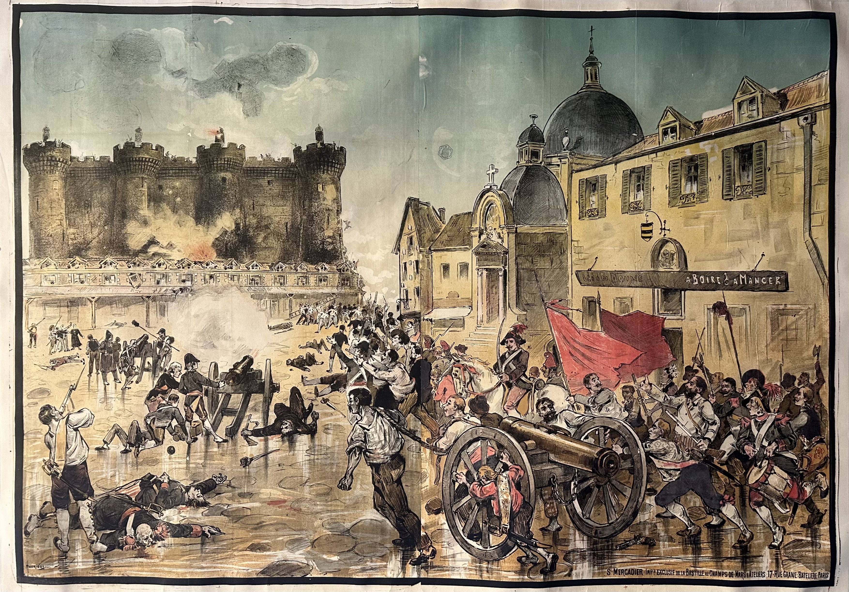 A reenactment of the Battle of Bastille is illustrated in this vintage poster from the 1889 World's Fair.