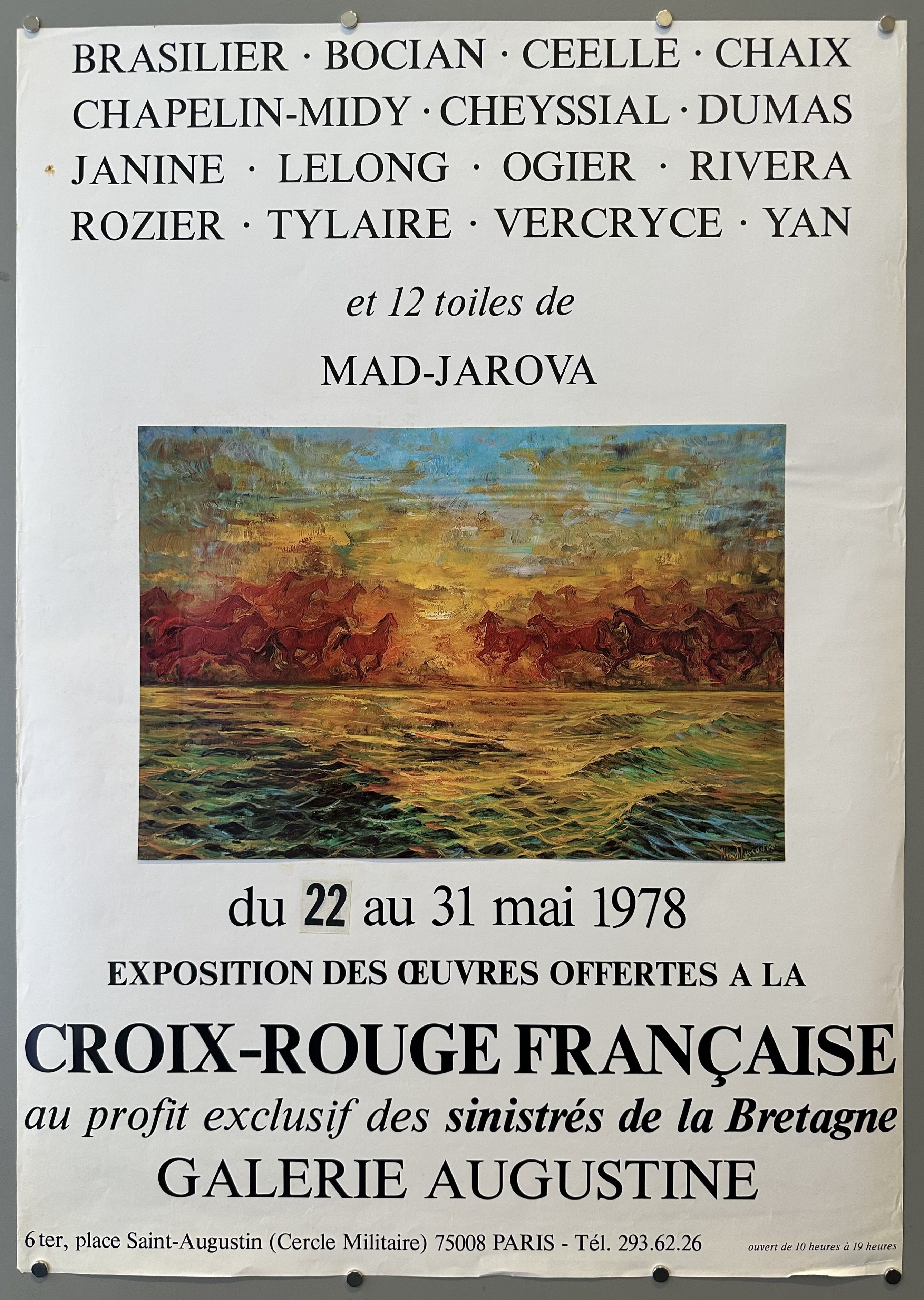 This poster advertises an art exhibition that took place in Paris in May 1978, featuring works by several artists and notably showcasing 12 paintings by Mad-Jarova.