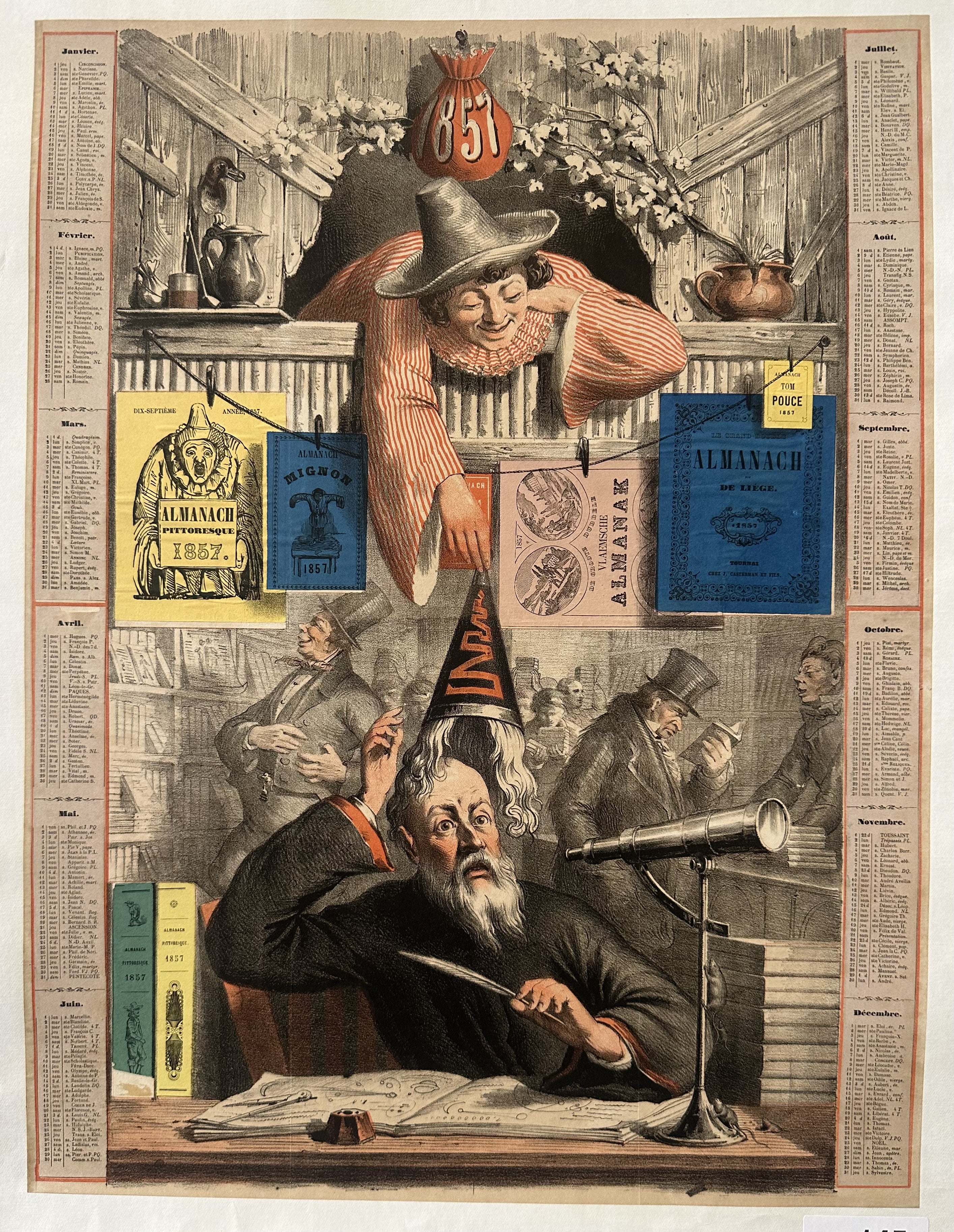 A man peeks out of a wall to grab another man's hat off his head with the months of 1857 listed on either side of them.