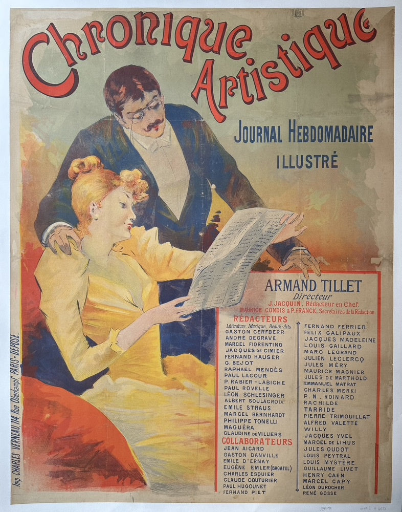 Chronique Artistique illustration showing a man in a blue suit and a woman in a yellow dress reading