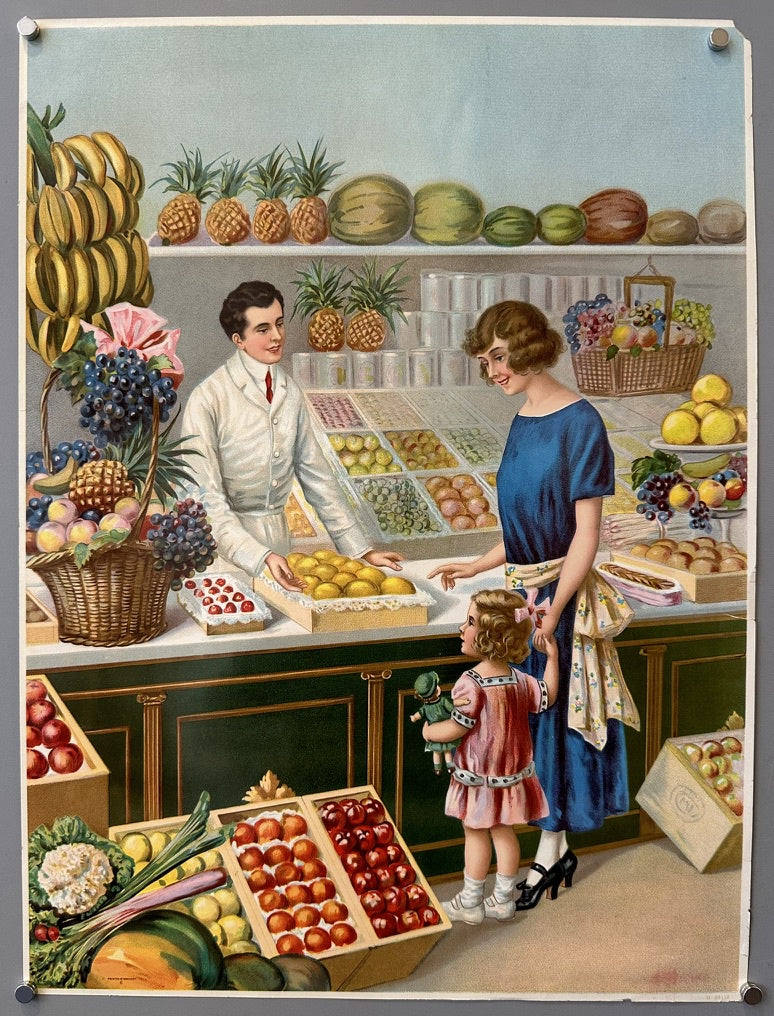 A family buying fresh produce at a local market. The scene shows a mother and daughter interacting with a grocer, who is presenting them with a box of fruit. The poster is filled with vibrant colors and intricate details, showcasing a variety of fruits and vegetables.
