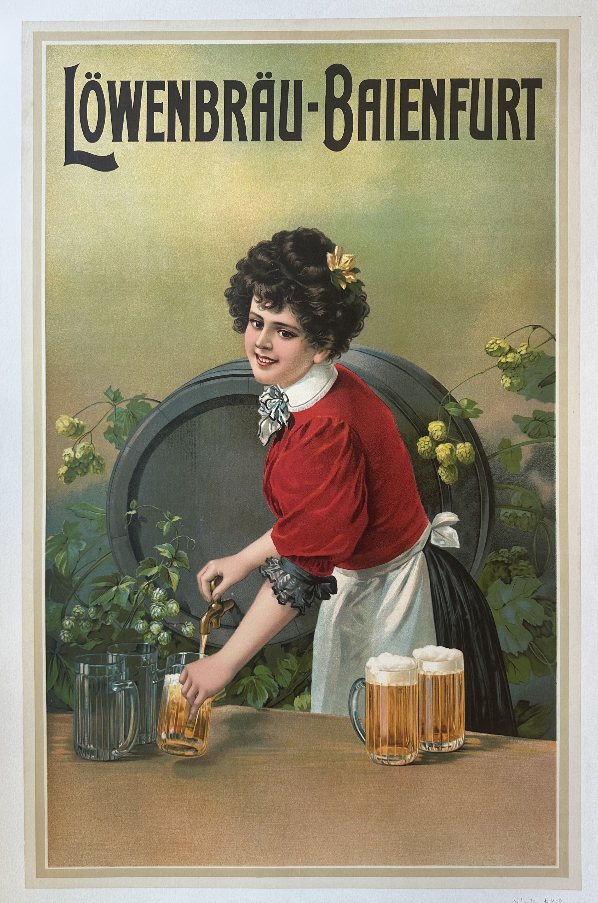 A woman in a red dress with a white apron is pouring beer from a wooden barrel into a glass. The background is a light yellow color with the text 'LÖWENBRÄU-BAIENFURT' in a decorative font."