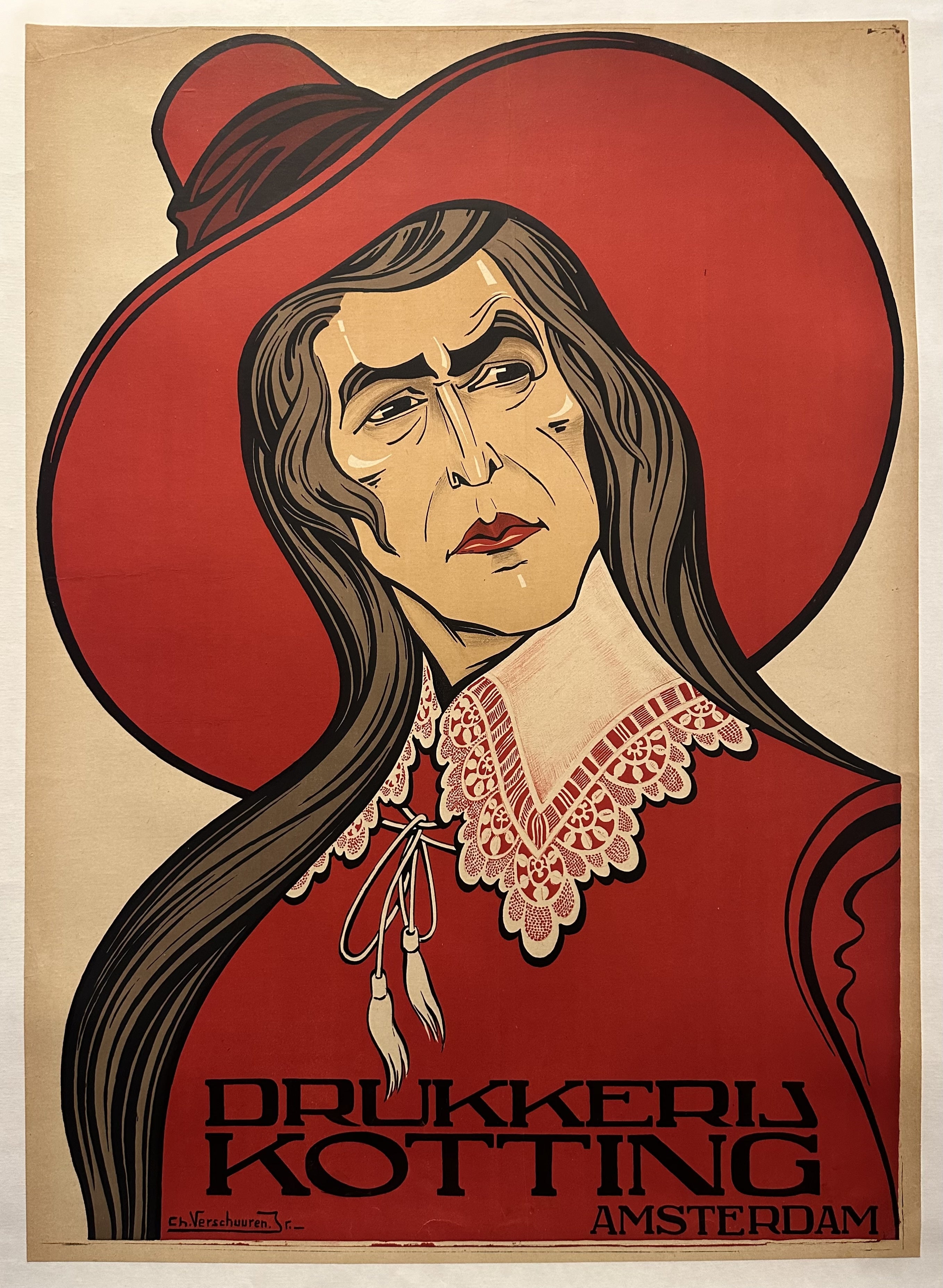 A person is featured with long dark hair wearing a large red hat and a white lace collar. The text on the poster reads "DRUKKERIJ KOTTING AMSTERDAM / Ch. Verschuuren.".