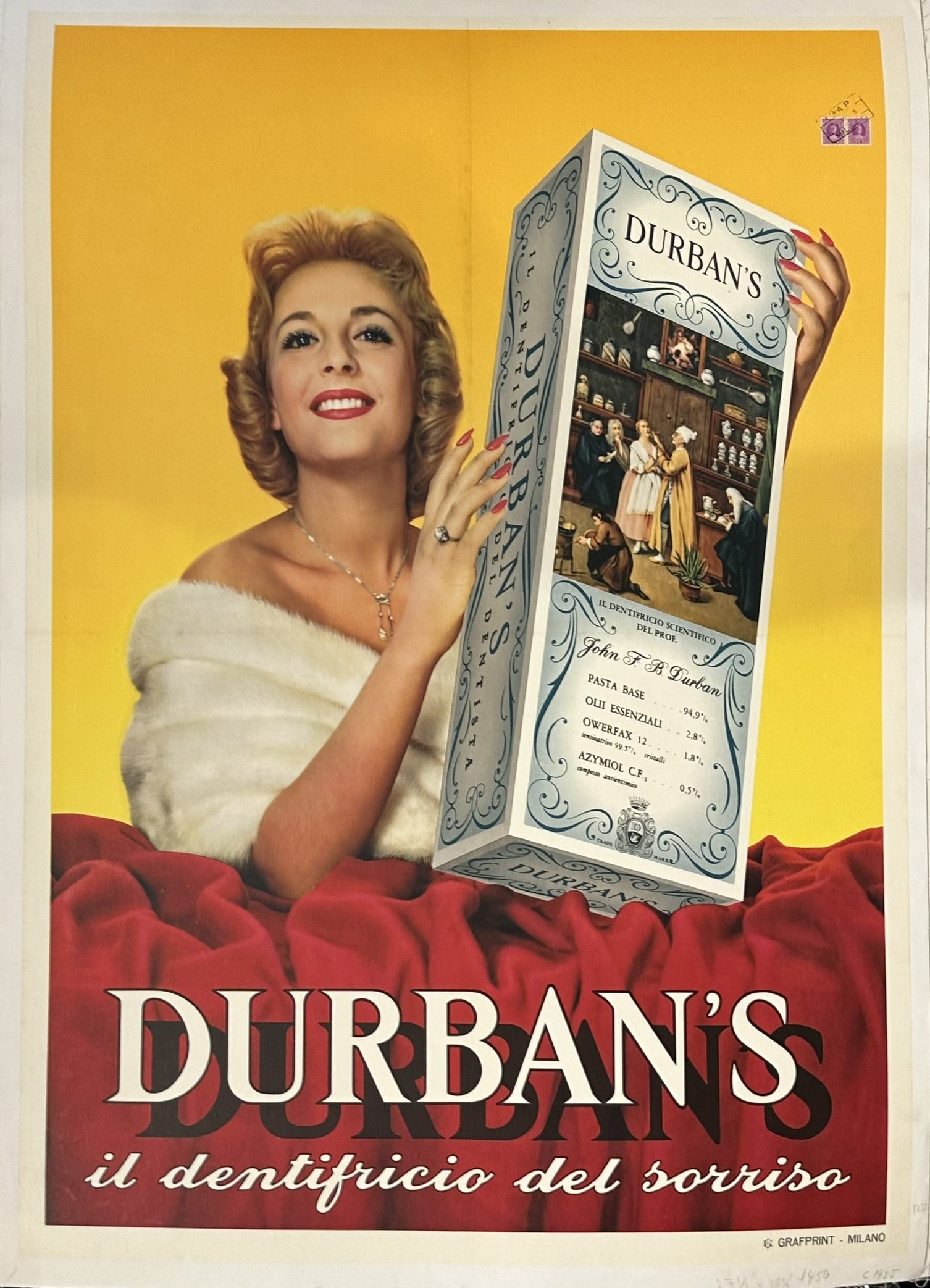 This vintage Italian advertisement for Durban's toothpaste features a smiling woman holding an oversized box of the product, with the tagline "il dentifricio del sorriso" (the toothpaste of the smile). The poster was designed by Bruno Bellesia.