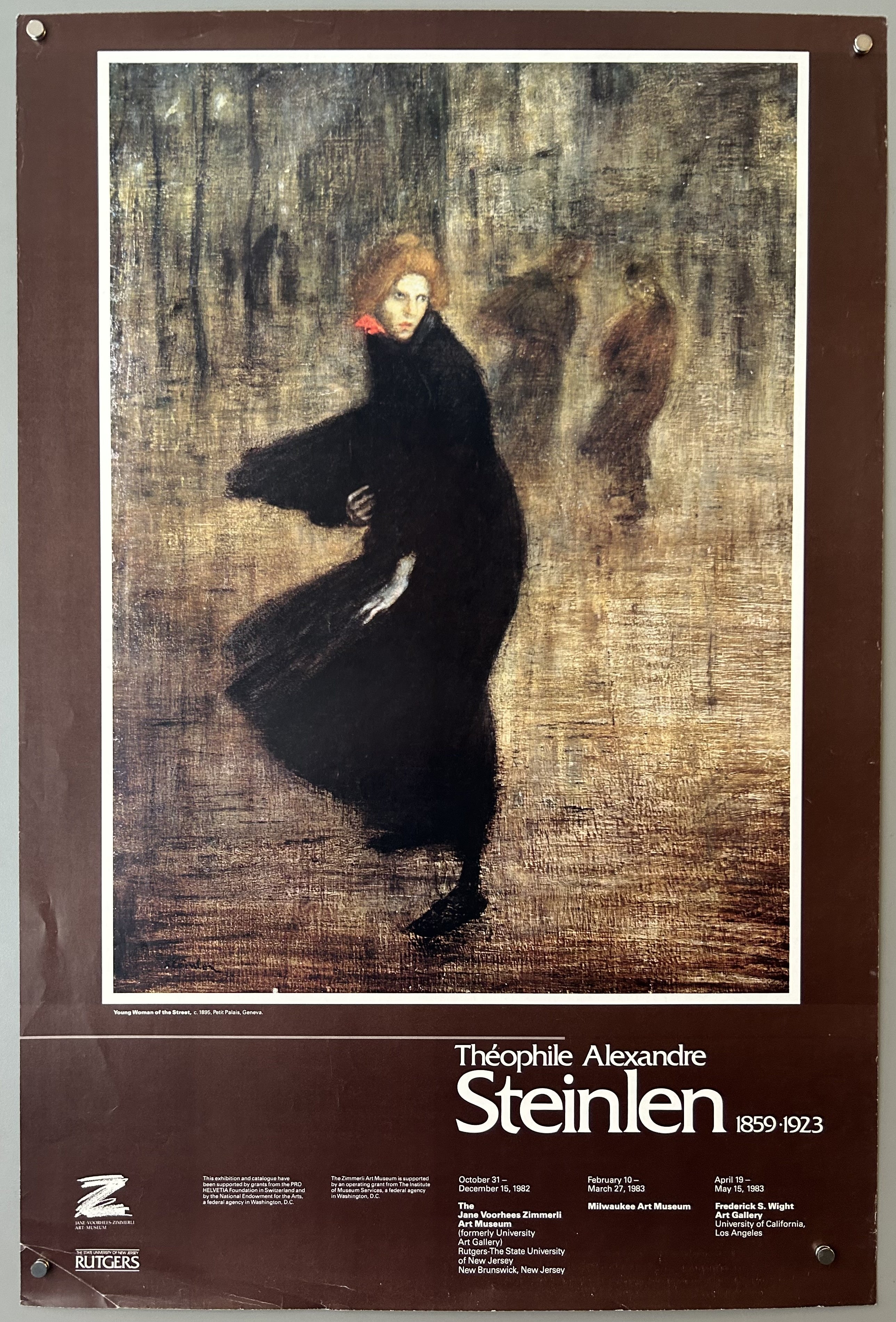 Brown poster with insert of Steinlen's painting 'Young Woman of the Street'; white text below.