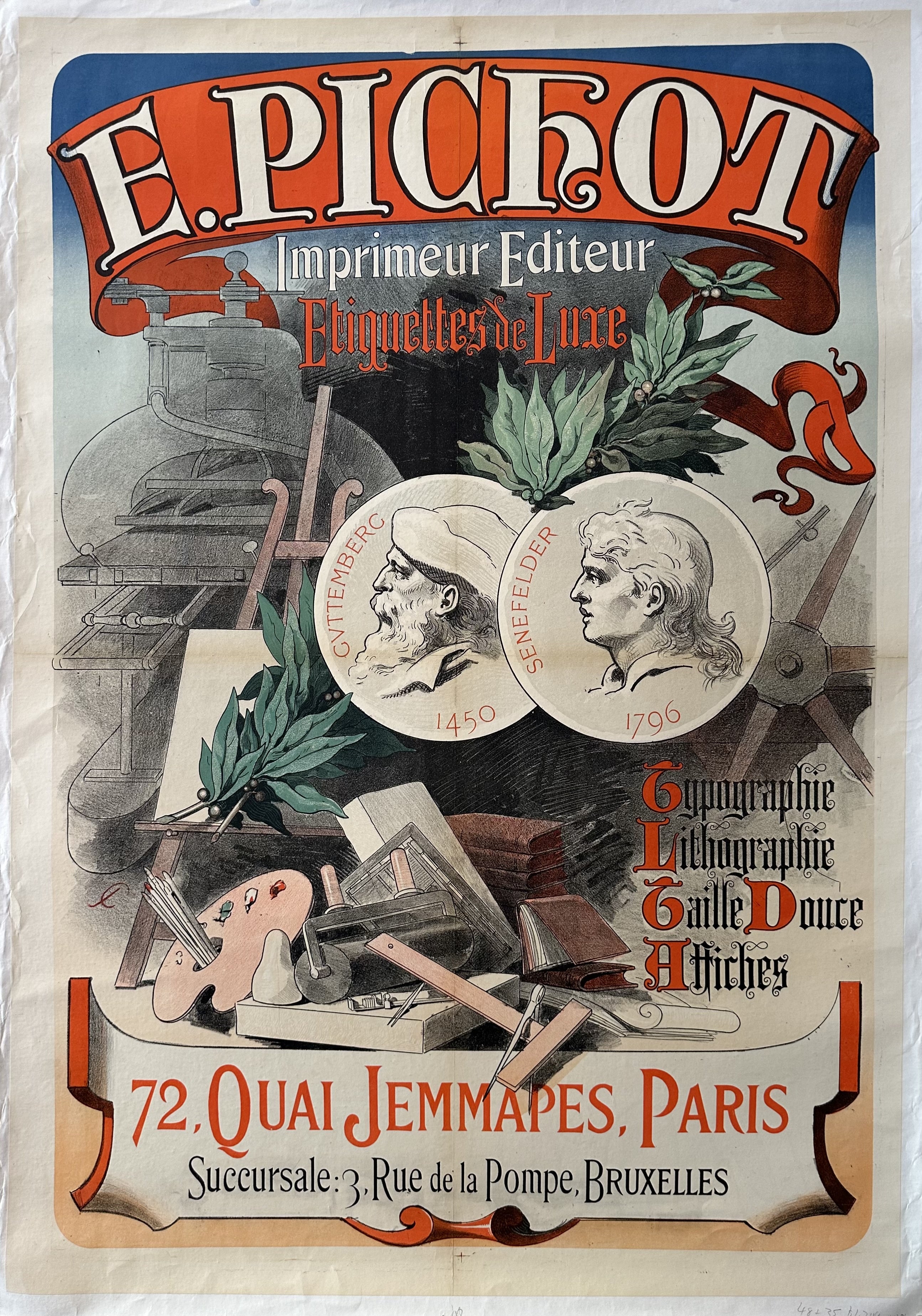 A colorful poster advertising E. Pichot, a printer and publisher in Paris, France. The poster also lists the address of the business in Paris and its branch in Brussels.