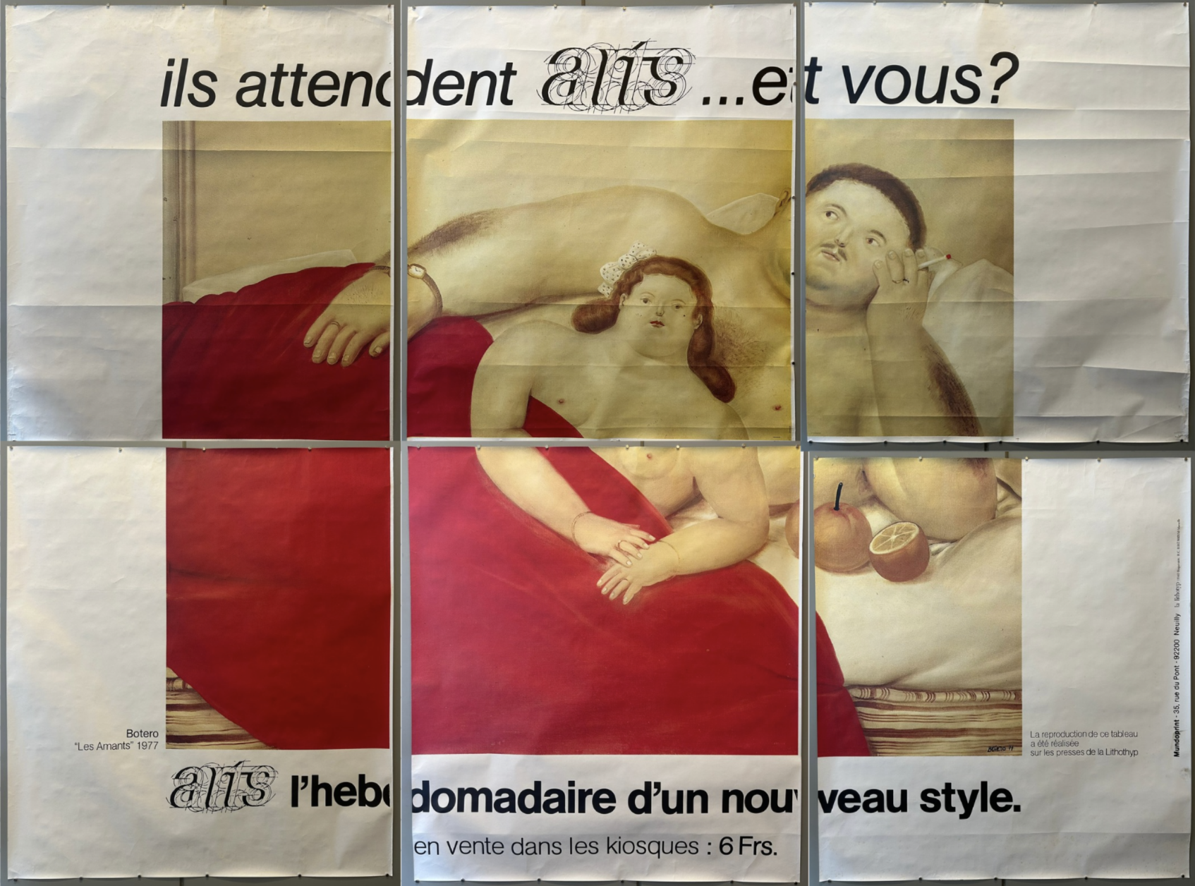 A six-panel poster featuring a painting by Fernando Botero titled "Les Amants" (1977), depicting two large-figured individuals, one man and one woman, in bed. T