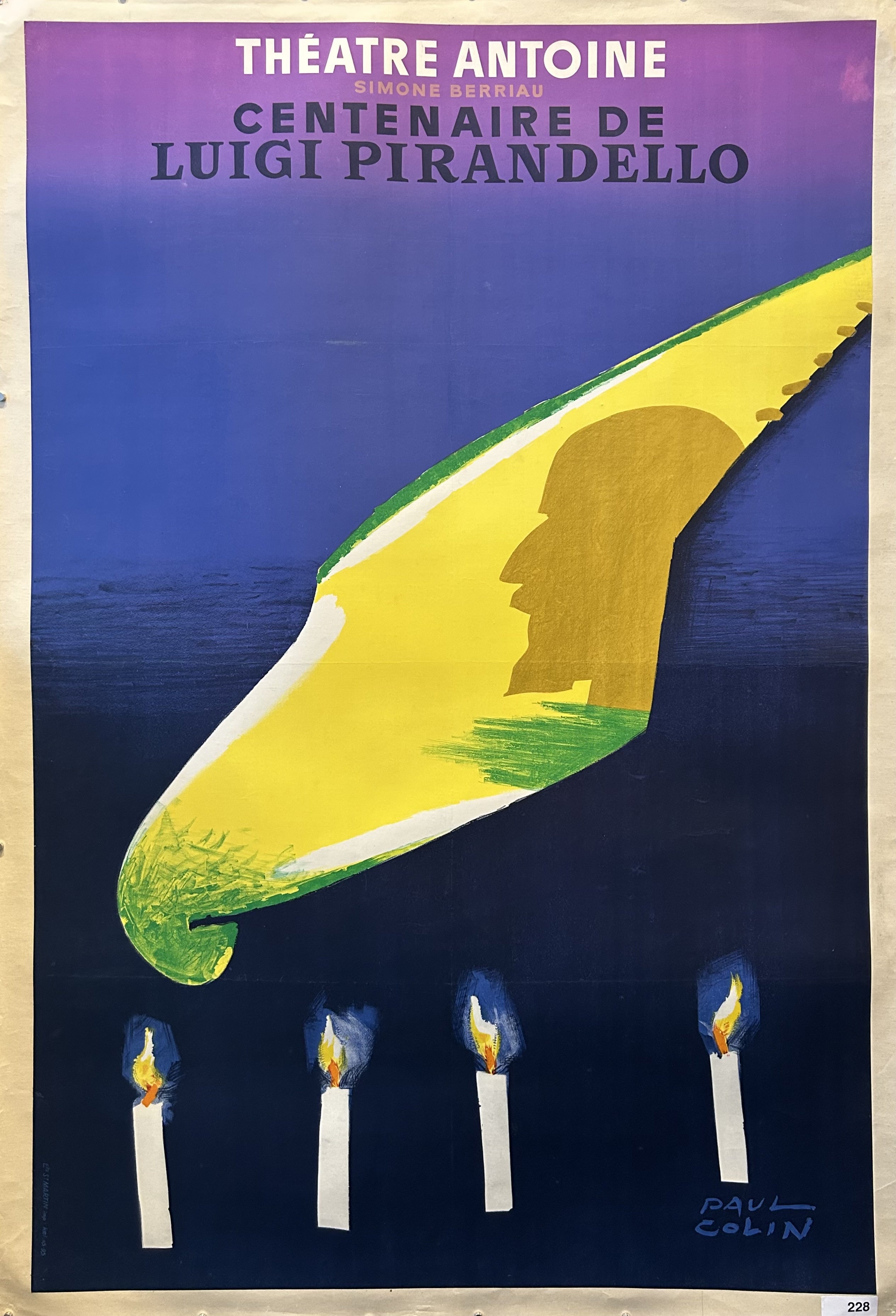 Purple ombre poster by Paul Colin with yellow outline of man's face for the Théatre Antoine