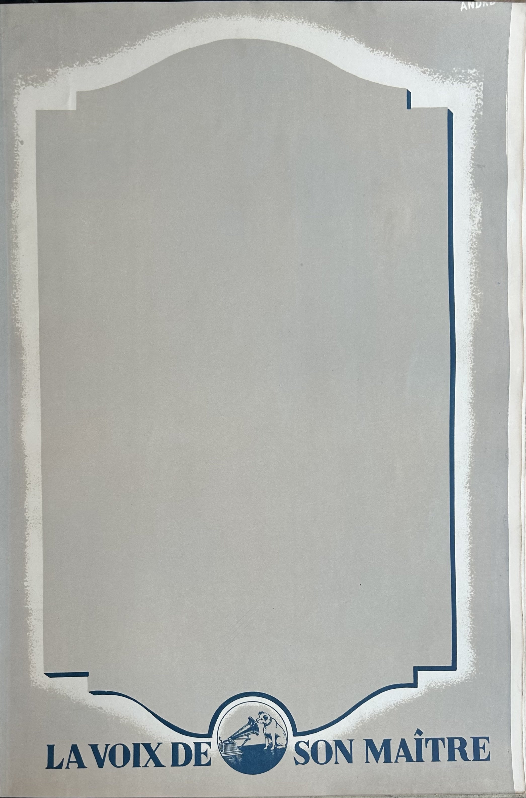 Blank print proof for musical company with text along bottom and white shadow around ornate border where text would eventually go.