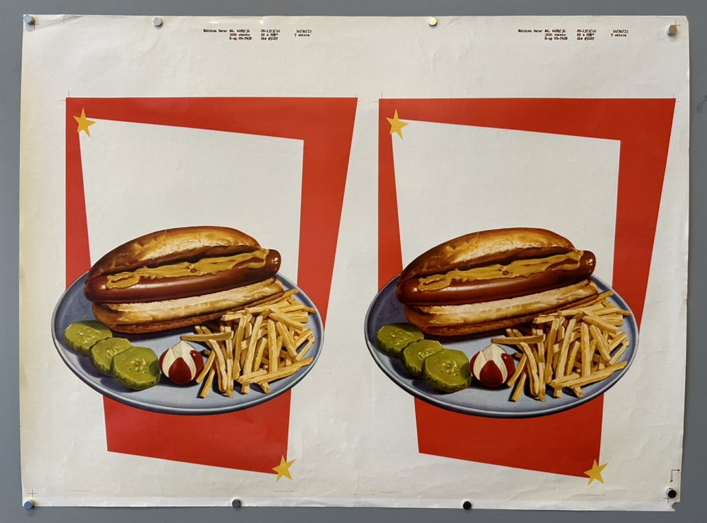 A vintage advertising sheet featuring two identical images of a hot dog on a bun with mustard, served on a plate with french fries and sliced pickles, against a red and white background with yellow star accents. The sheet also includes small text at the top
