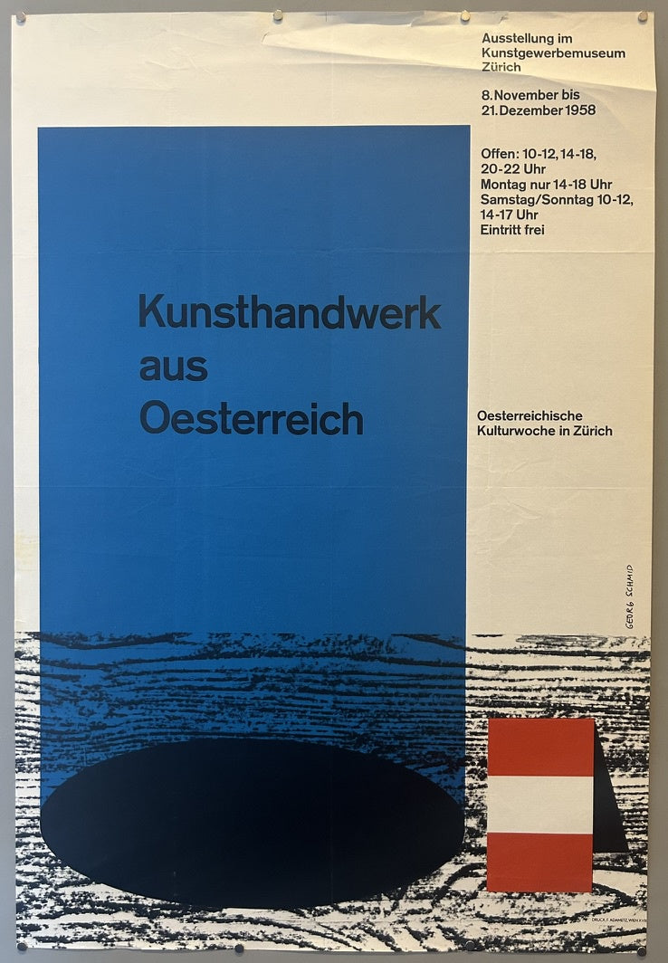 This poster advertises an exhibition titled "Kunsthandwerk aus Oesterreich" (Handicrafts from Austria) held at the Kunstgewerbemuseum Zürich (Museum of Applied Arts Zurich).