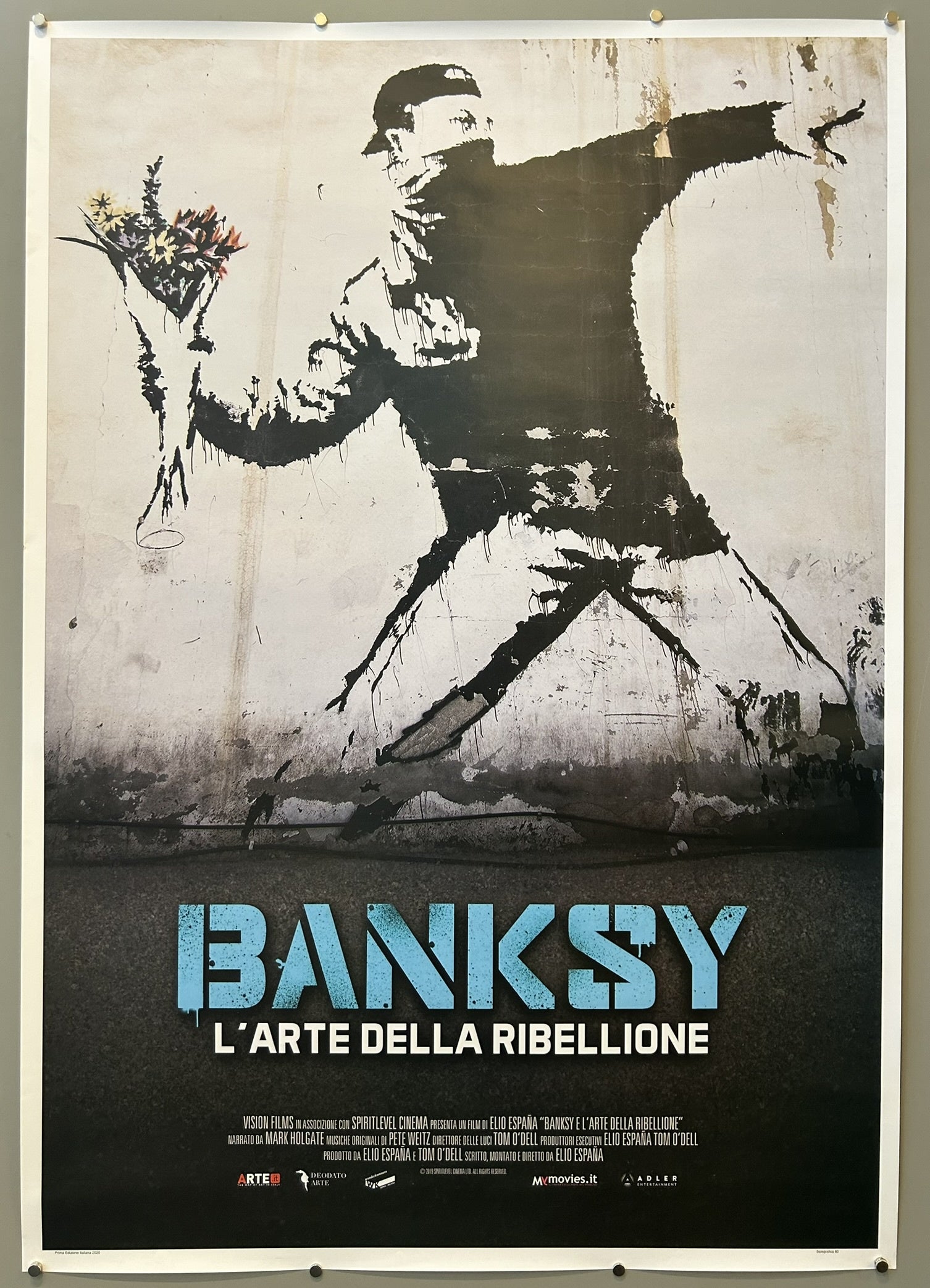The poster is identified as an "Italian one-sheet straight from the distribution house in Italy" and an "Original Italian movie poster" for the film "Banksy and the Rise of Outlaw Art".