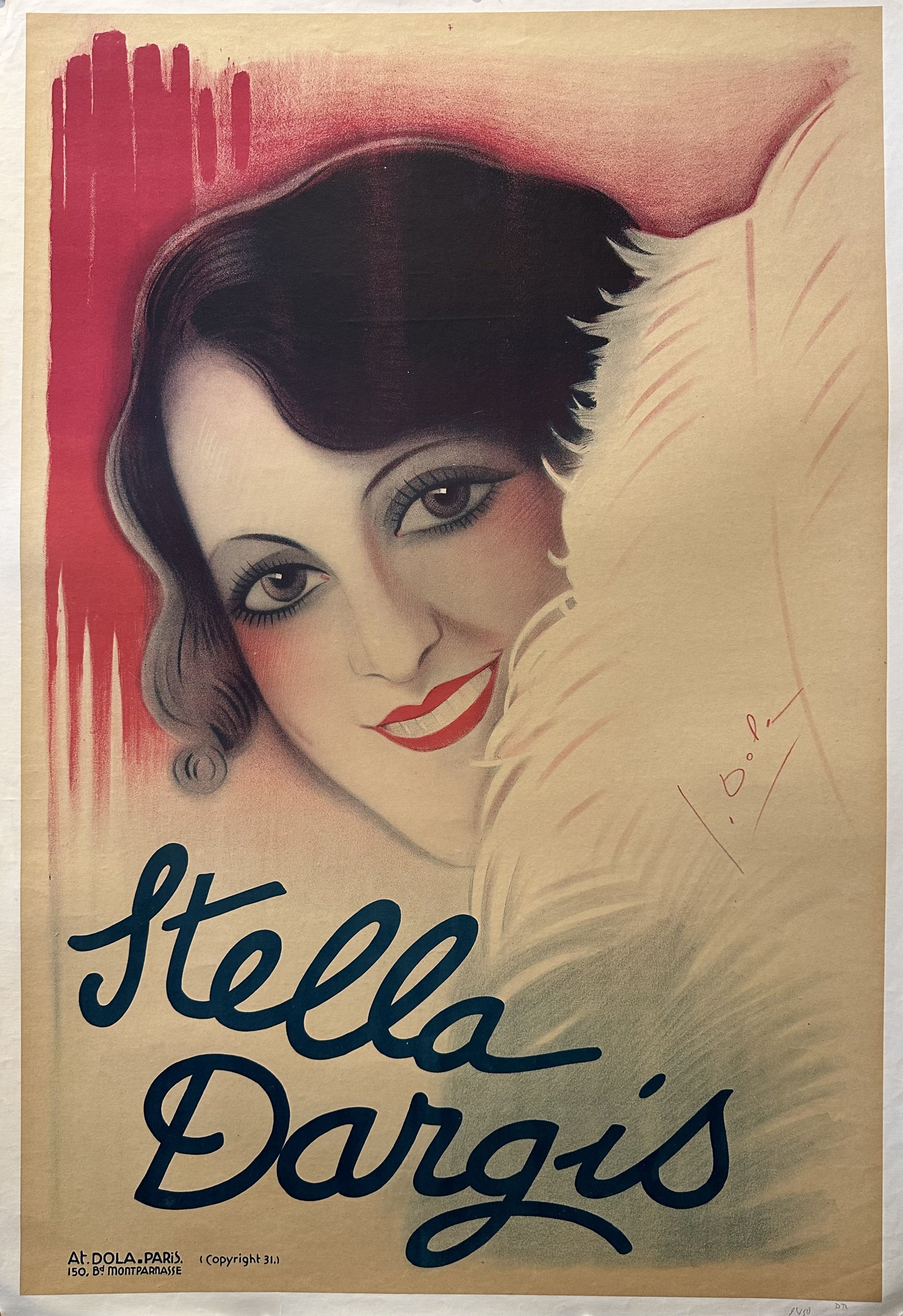 Portrait of smiling actress with pink and blue accent colors.