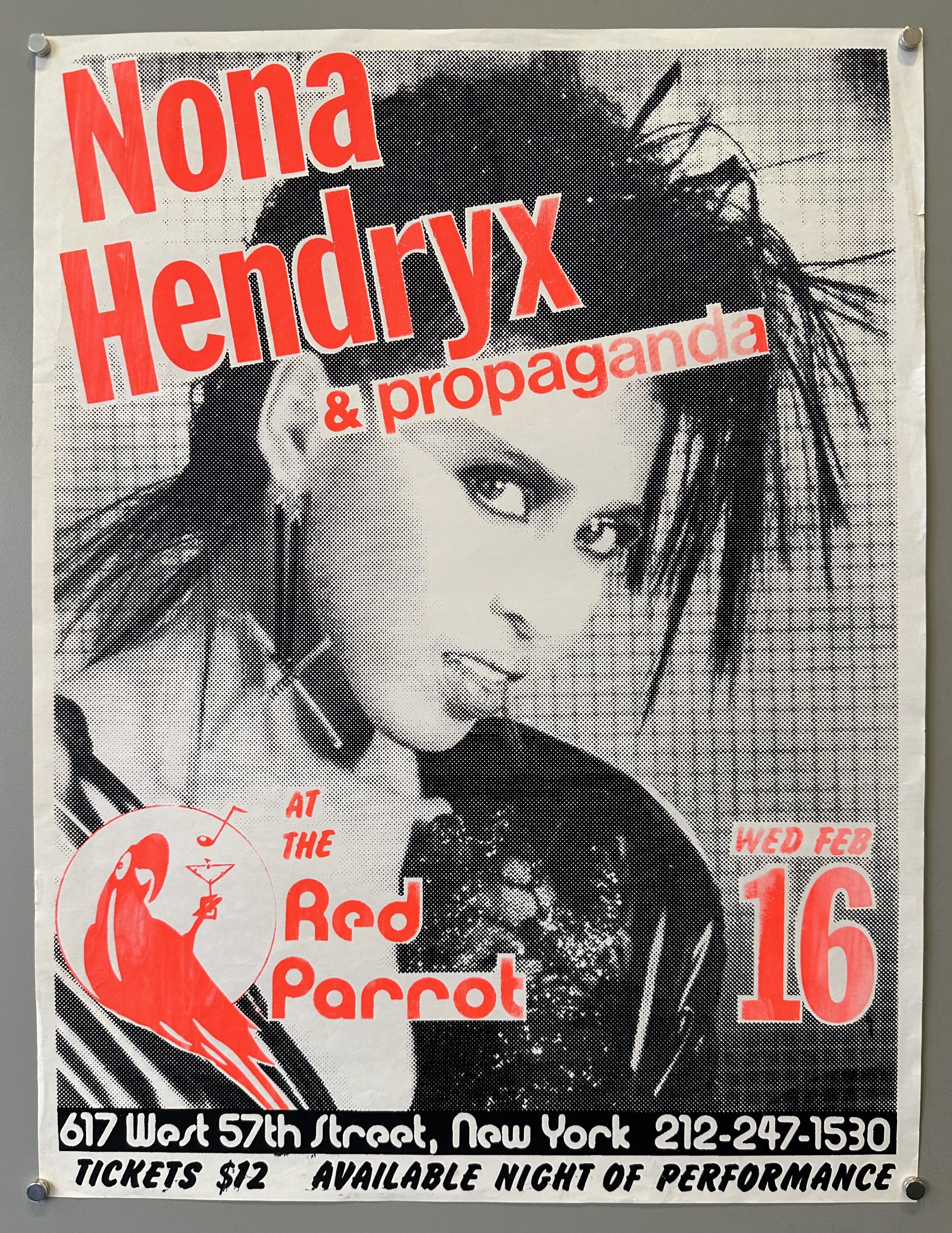 This concert poster advertises a performance by Nona Hendryx & Propaganda at The Red Parrot, located at 617 West 57th Street in New York City. The date on the poster indicates "WED FEB 16."