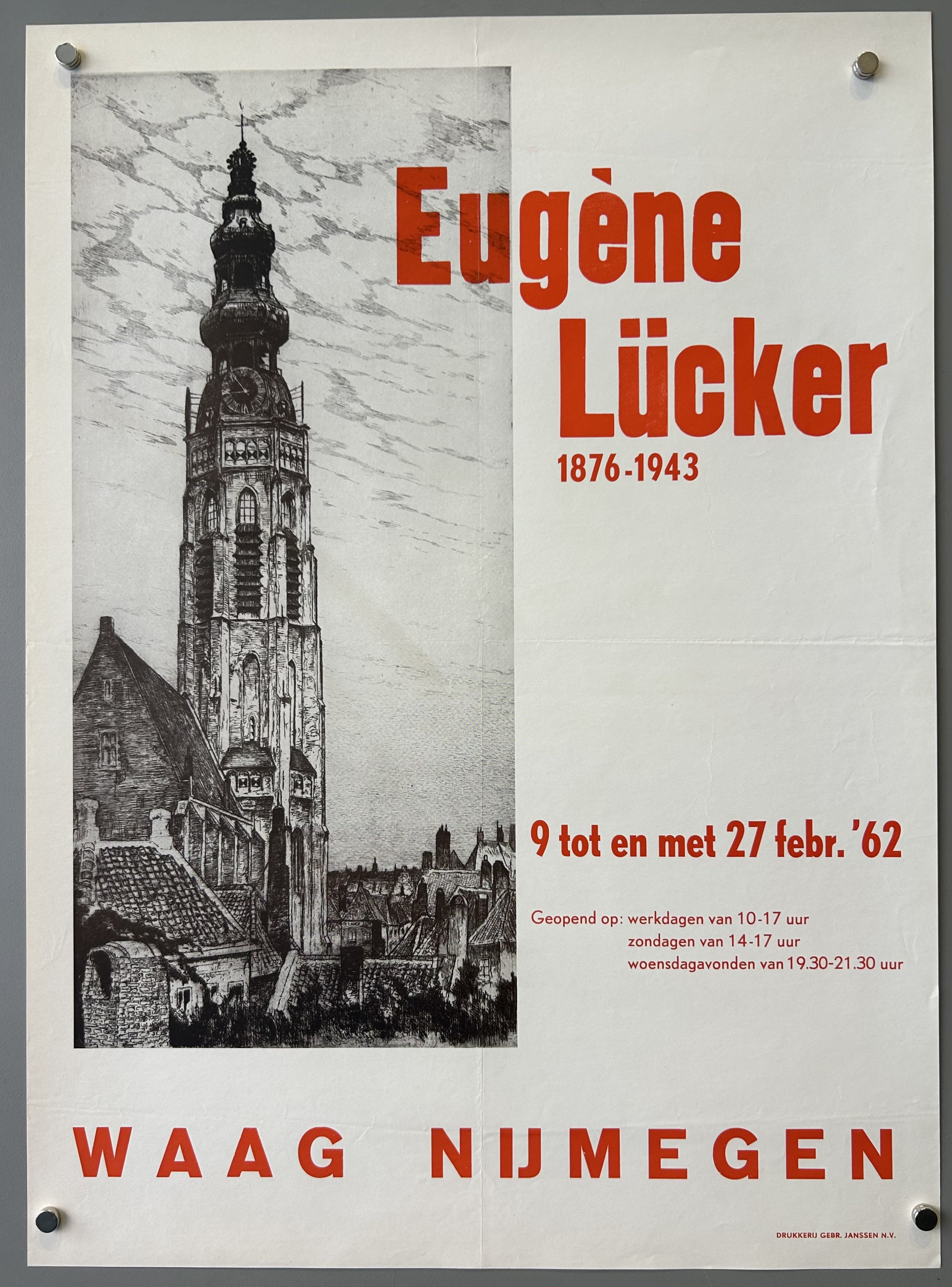 and etching of a church on the left side with the name of the artist
