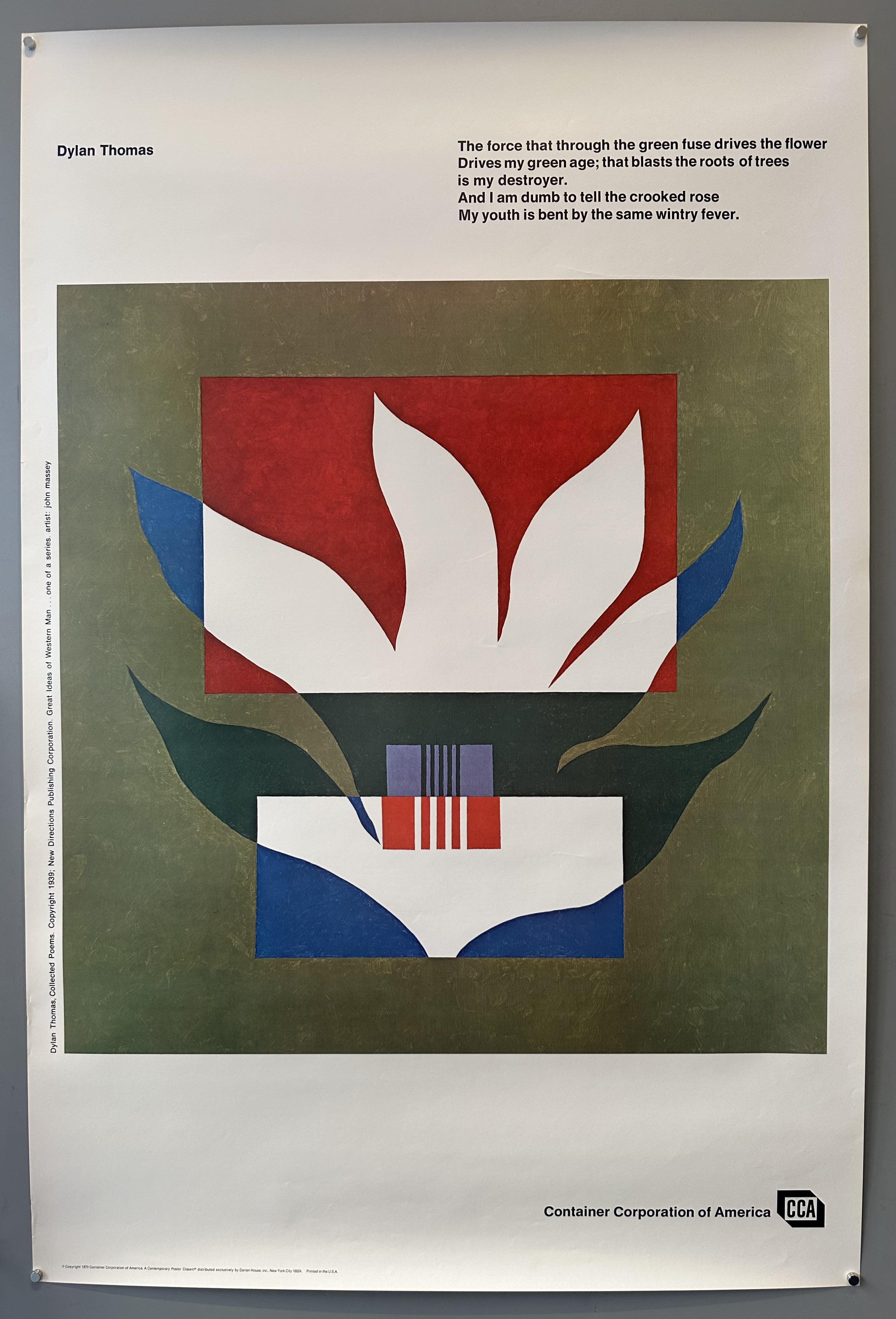 A poster from the "Great Ideas of Western Man" series featuring a poem by Dylan Thomas alongside a graphic design of a flower.