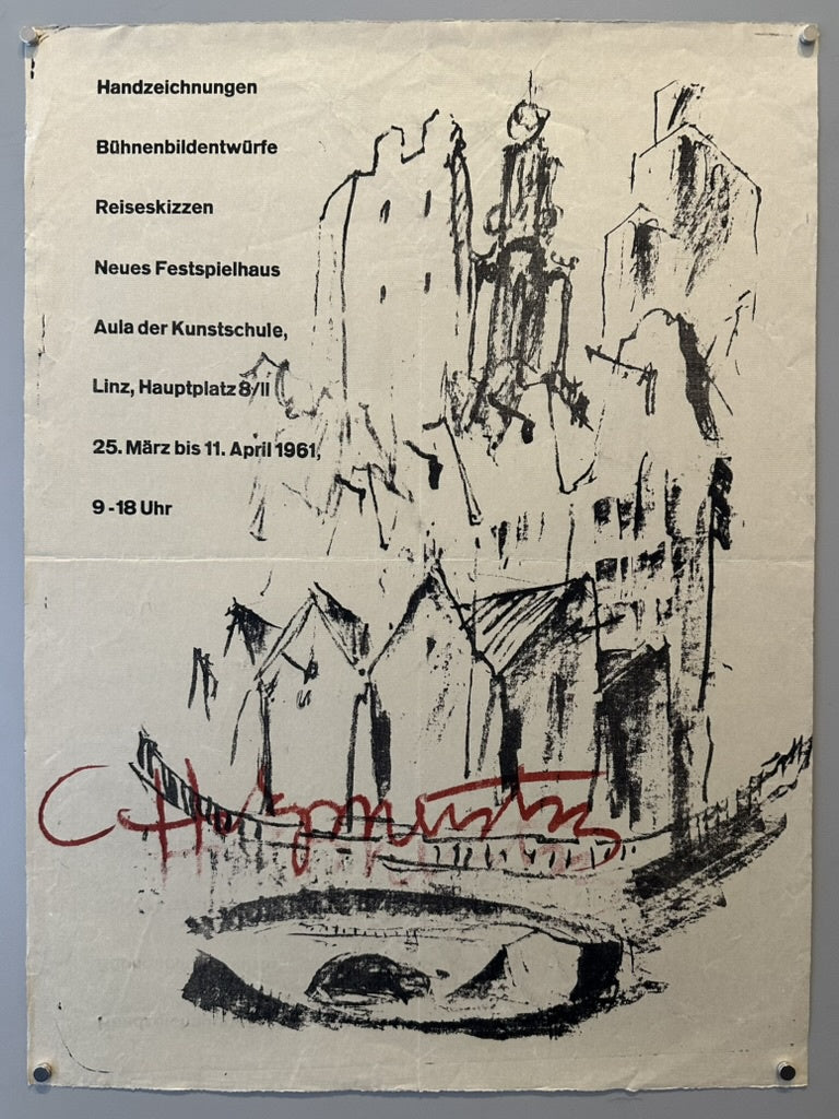 The poster is an exhibition announcement for "Handzeichnungen, Bühnenbildentwürfe, Reiseskizzen" (Drawings, Stage Designs, Travel Sketches) and mentions