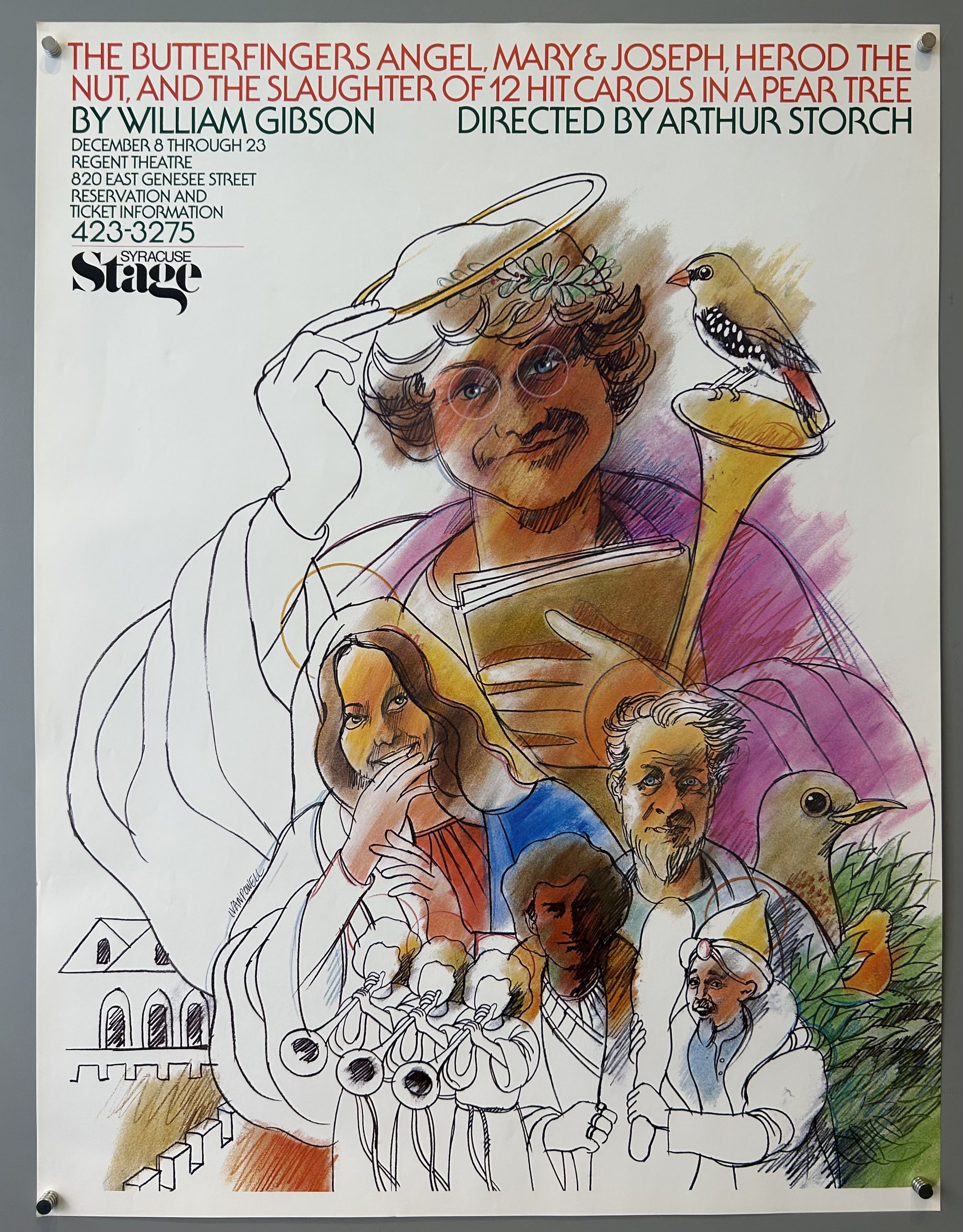 Poster promoting theatrical production of play by William Gibson with illustrated characters from the play and red and black text above.