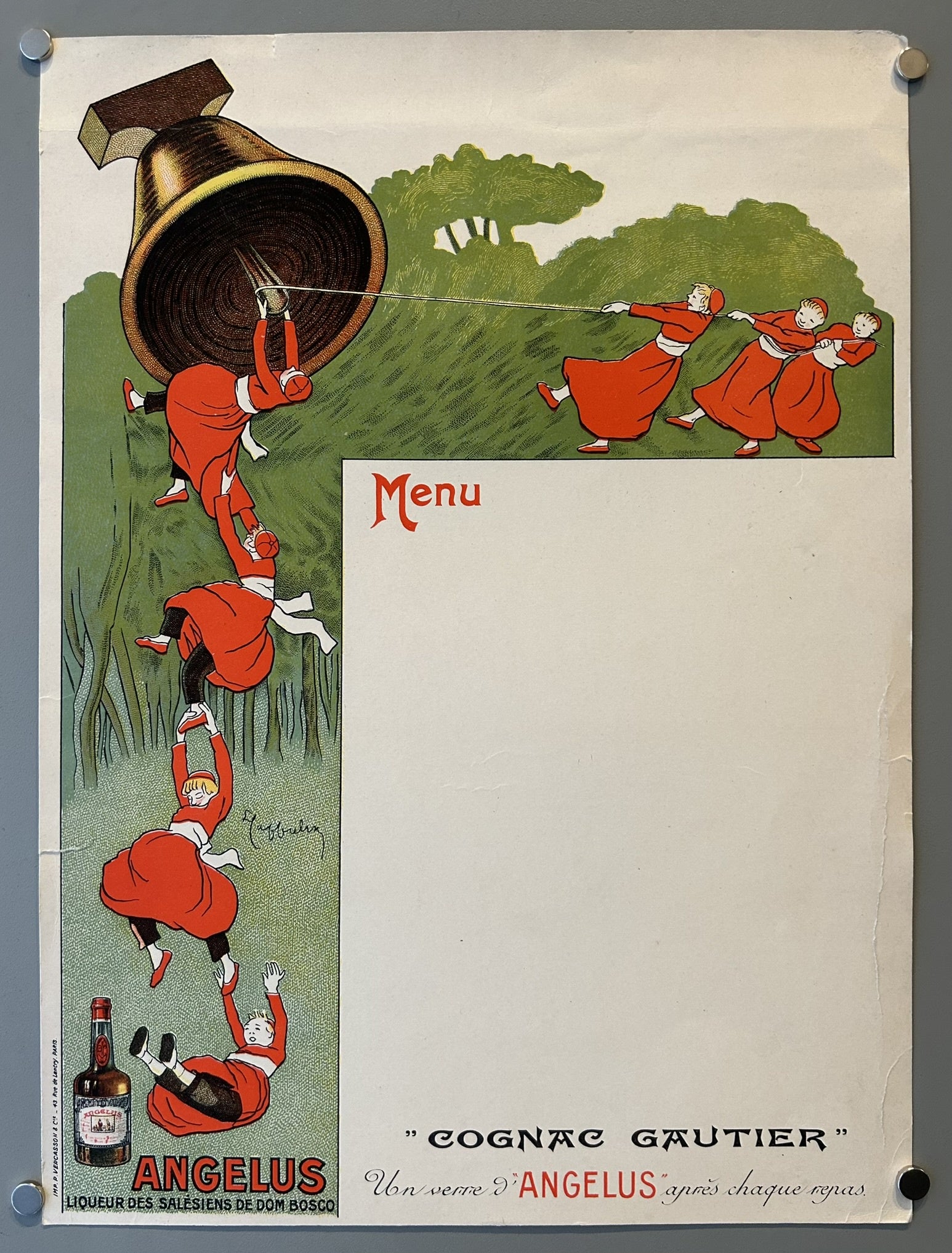 Beige background with bell in the upper left hand corner and red, monk-like figures dangling and ringing the bell. Advertisment of Angelus liquor, Paris 1943.