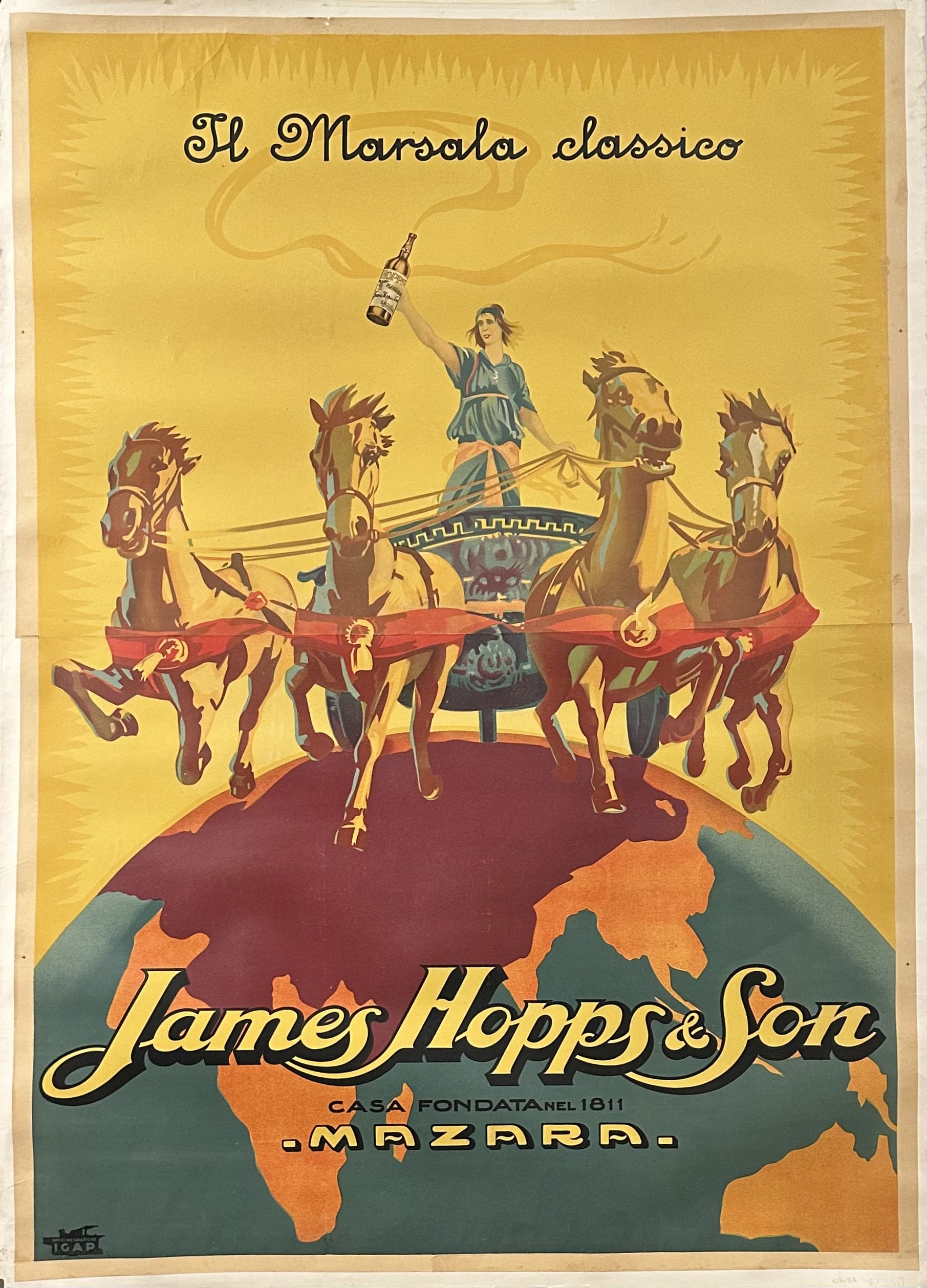 A vintage wine poster advertising "II Marsalaclassico" wine from james Hopps& Son, a winery established in 1811. The Poster features a person holding up a wine bottle while standing on a charit pulled by four horses atop a globe.