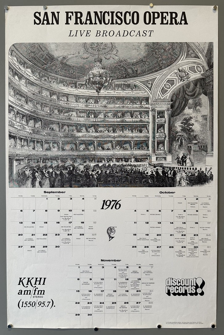 "SAN FRANCISCO OPERA LIVE BROADCAST" for September, October, and November of 1976. The upper half of the poster features an intricate, detailed illustration of an opera house interior, filled with an audience.