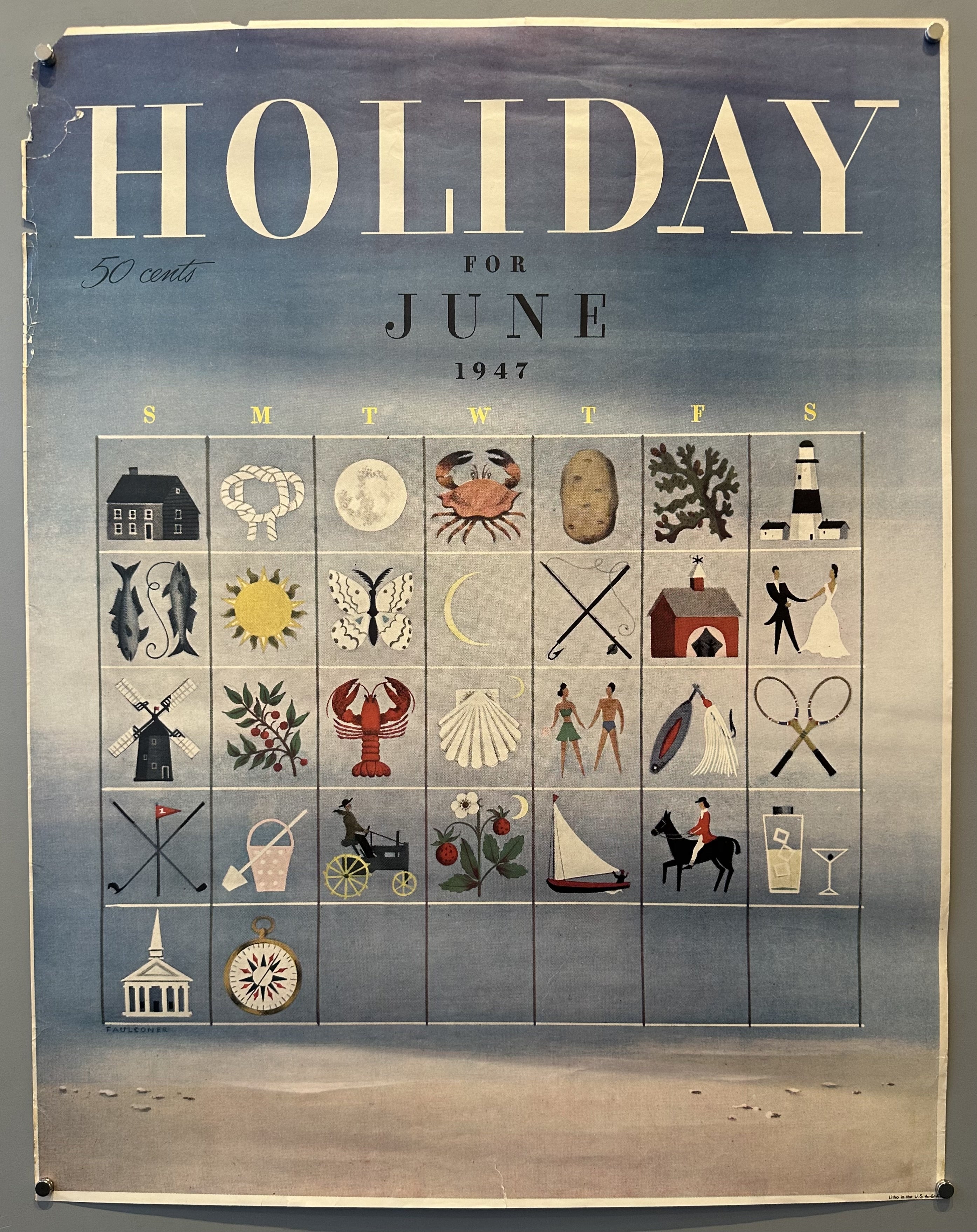 Calendar of June 1947 with various illustrations in each square to represent a coastal summer for women's magazine cover.