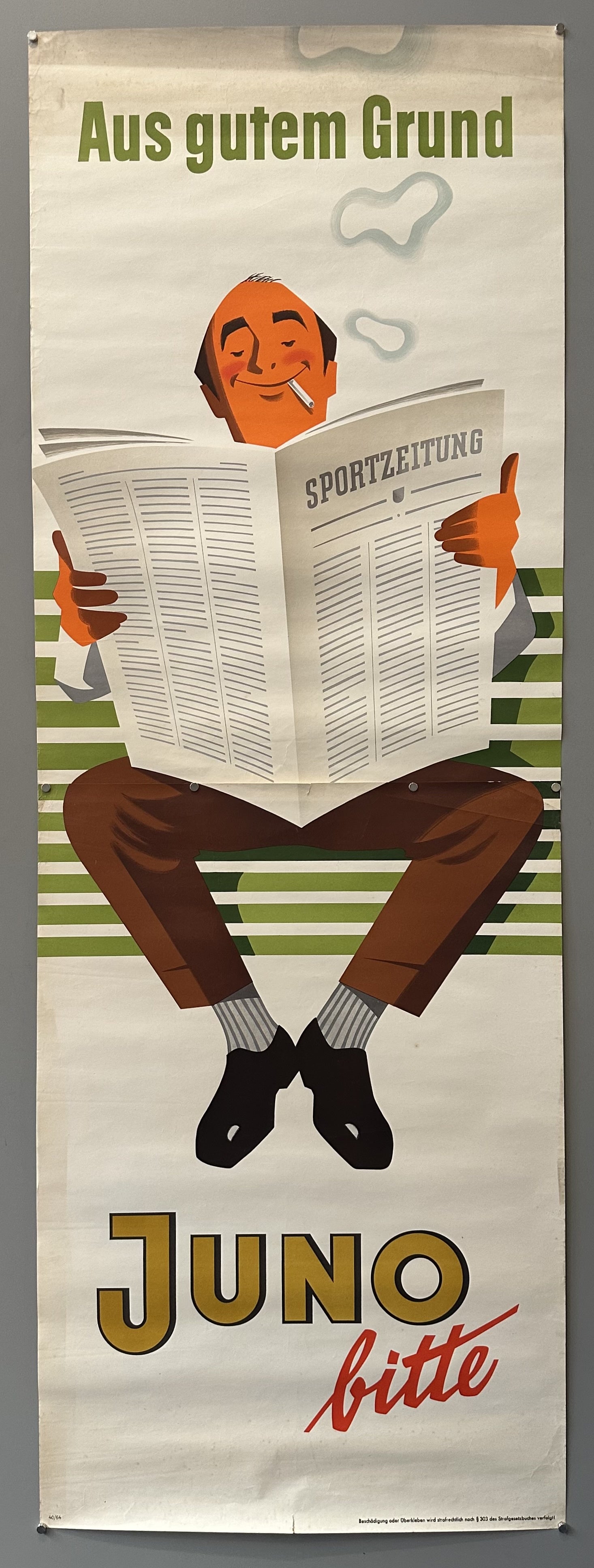 Vintage cigarette ad featuring illustrated man smoking Juno cigarette reading a sports newspaper against white background.