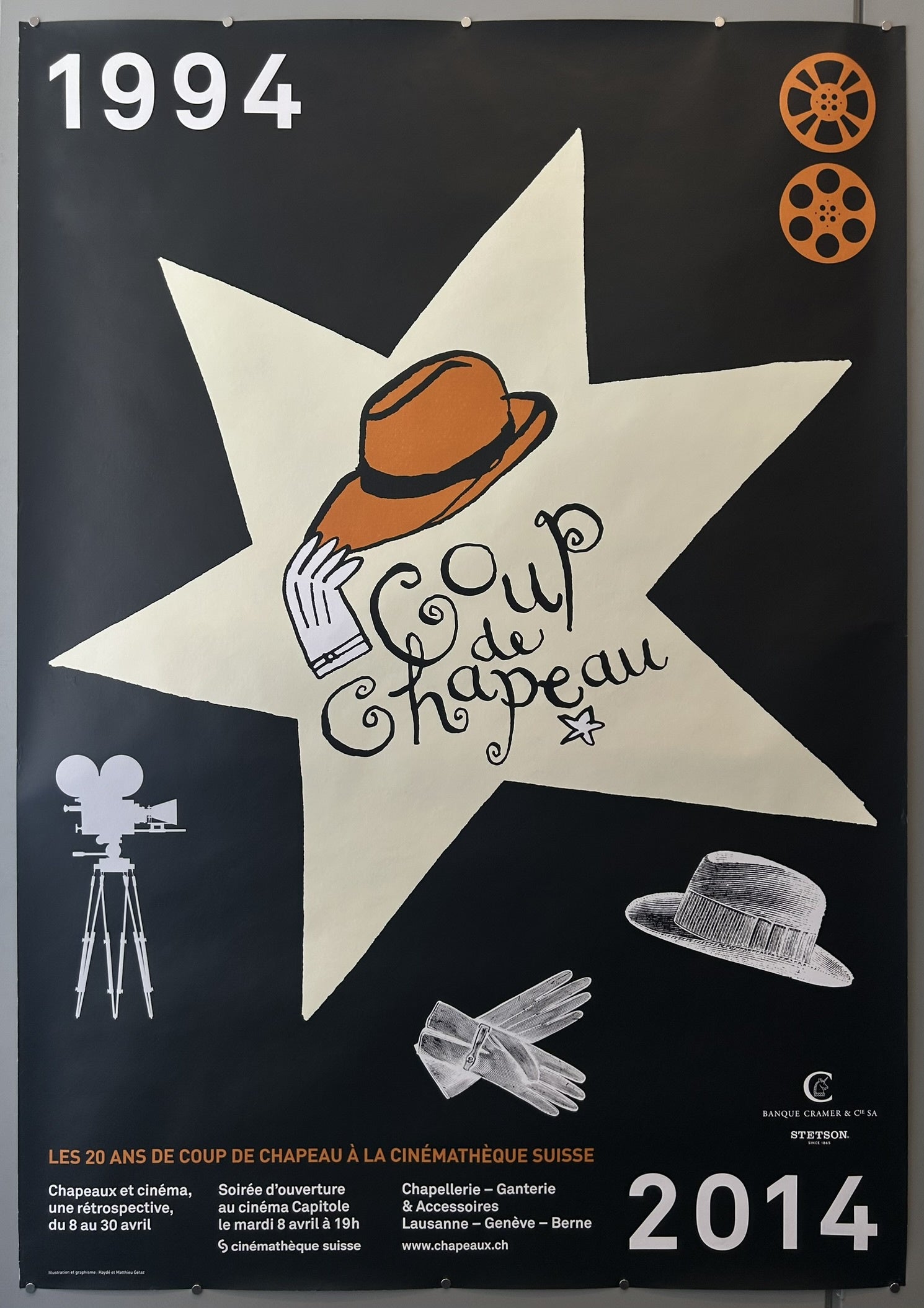 This poster is an advertisement for "Coup de Chapeau," a business specializing in hats, gloves, and accessories ("Hüte, Handschuhe + Accessoires").