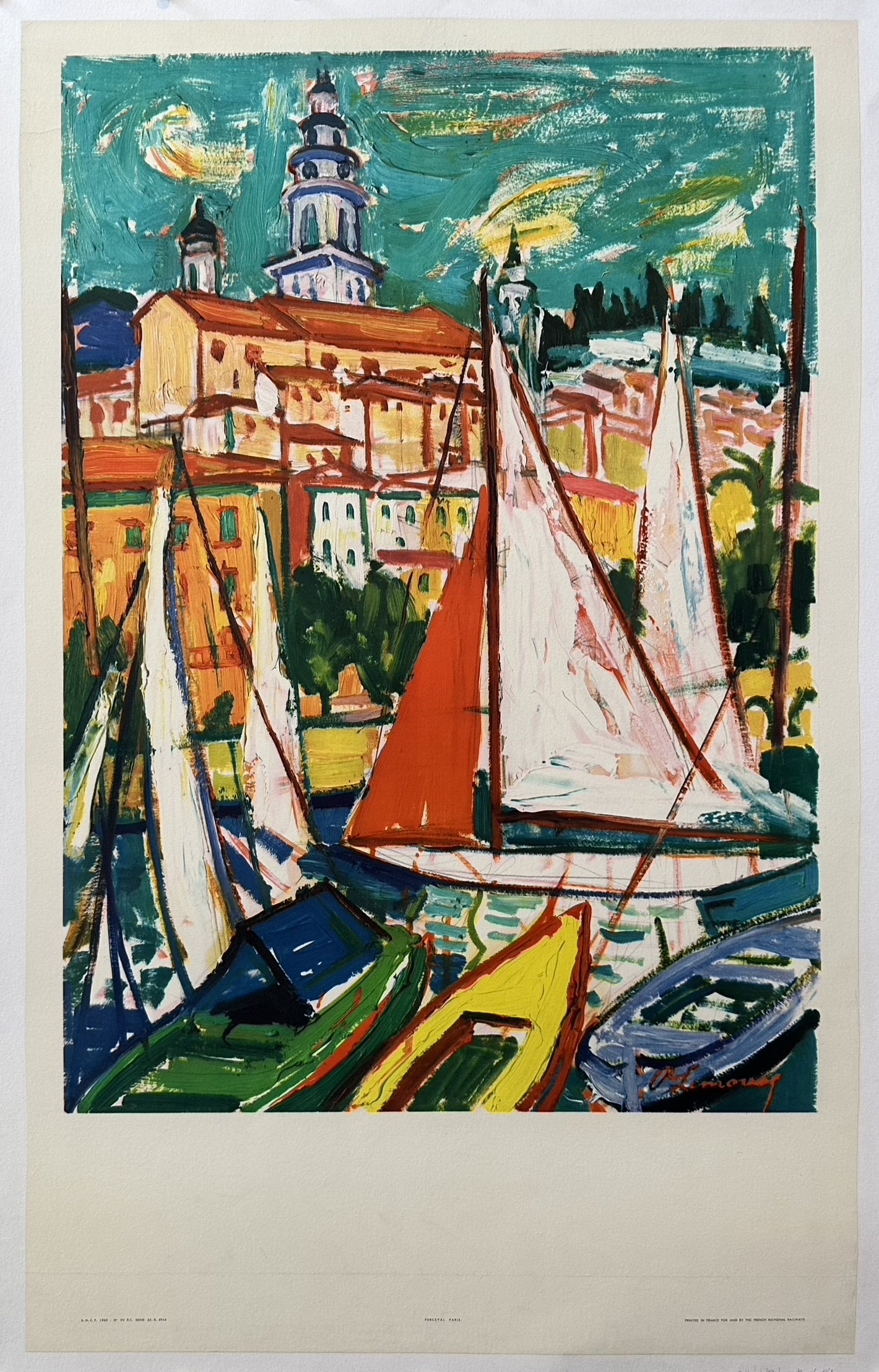 The poster was issued by the French national railroad (SNCF) to promote travel to the South of France, specifically the Côte d'Azur region.