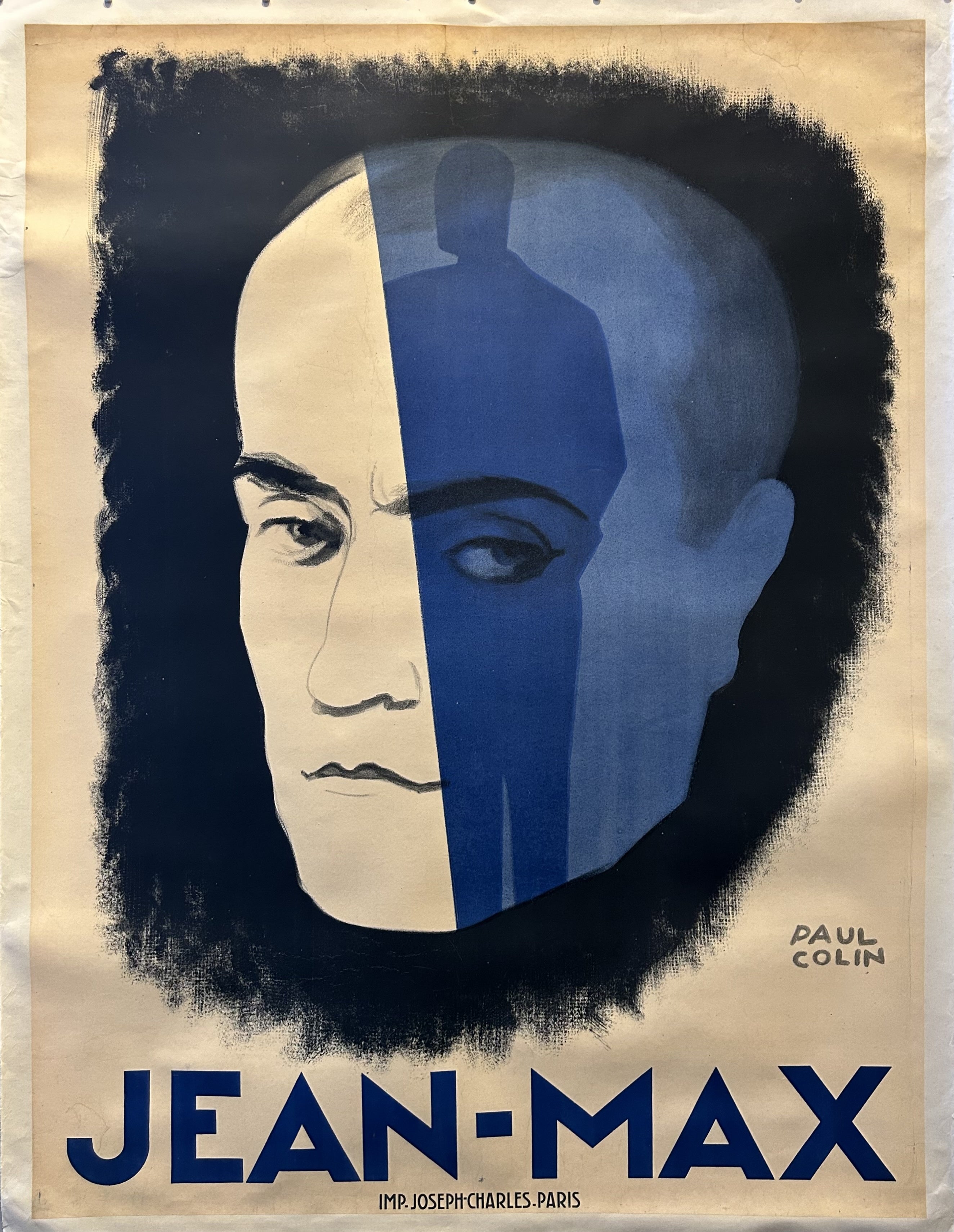 Blue geometric portrait of actor Jean-Max with his name in blue text underneath by Paul Colin