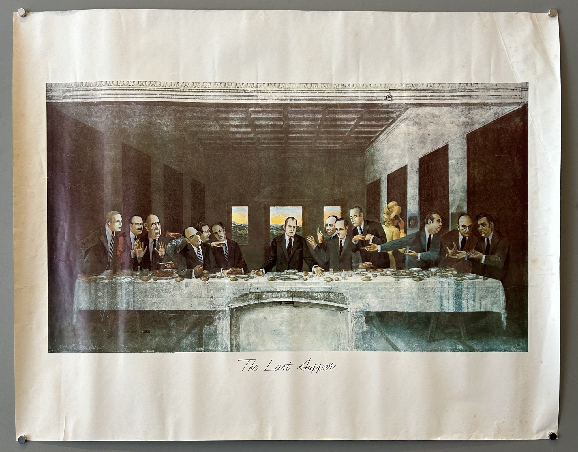 The poster is a satirical artwork titled "The Last Supper" by artist Paul Szep, created in 1973. It depicts a caricature of Richard Nixon and his administration officials in a parody of Leonardo da Vinci's famous painting