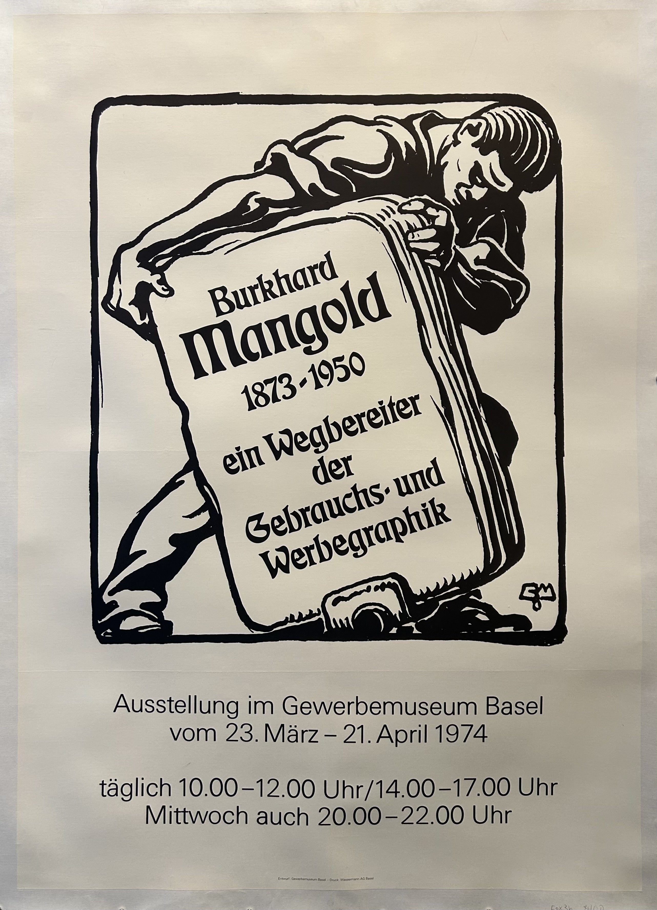 Black and white poster for Burkhard Mangold's exhibition at the Gewerbemuseum Basel with an original piece from Mangold