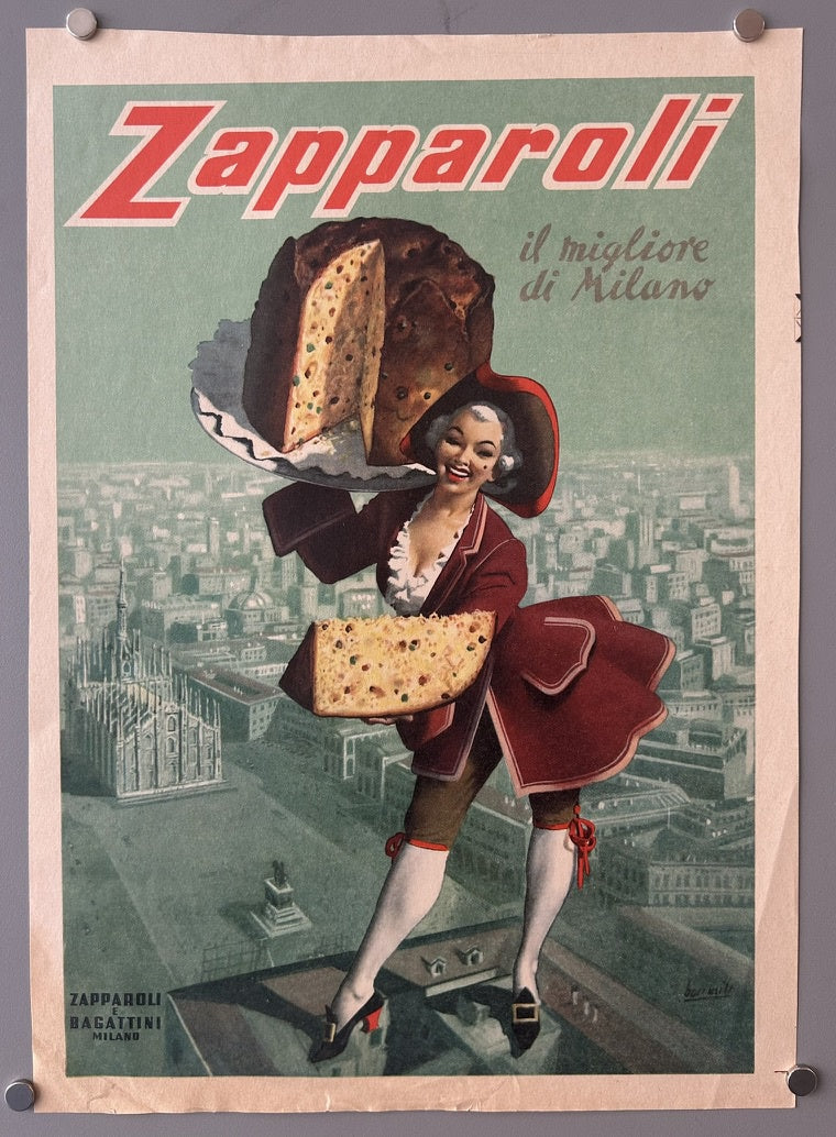 advertises Zapparoli panettone, a traditional Milanese sweet bread, with the tagline "il migliore di Milano" (the best of Milan). The image features a woman in a theatrical costume holding both a whole panettone and a slice, set against a backdrop of the Milan skyline, including the Duomo.