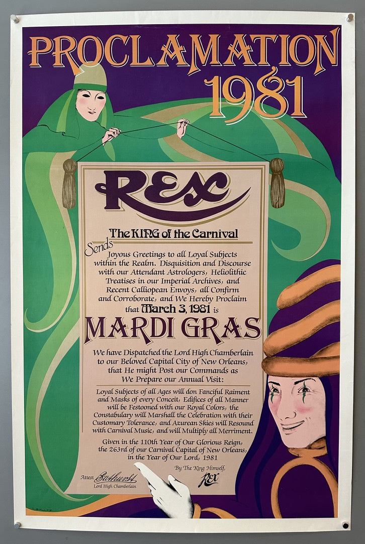 Purple and green poster statng "Proclamation 1981" forally announcing Marti Gras in 1981.