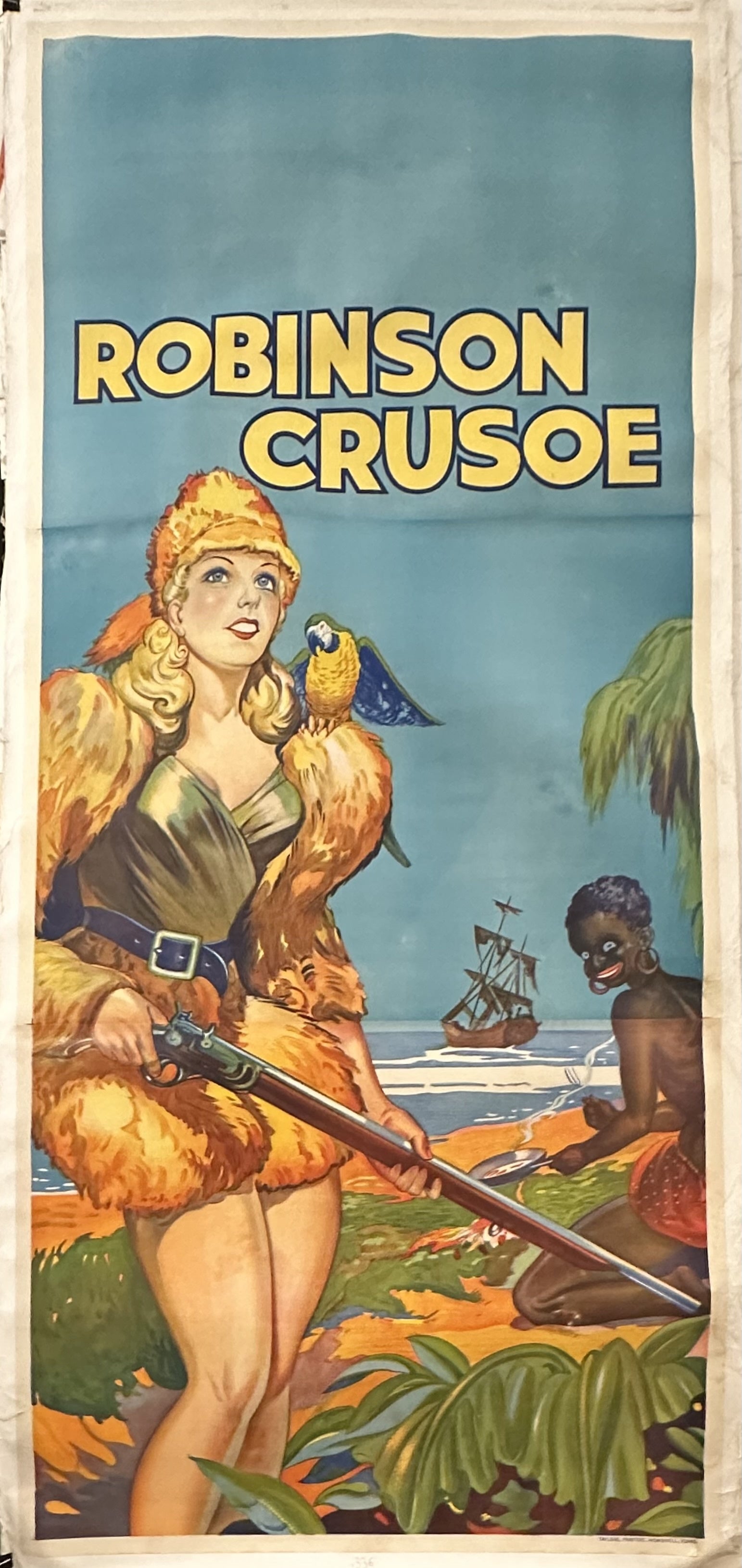 A woman holds a rifle and has a parrot on her shoulder with another woman sitting behind her on an island.