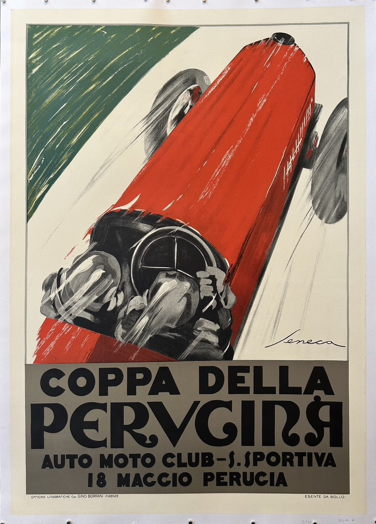 It is an Art Deco style poster from the 1920s, featuring a red race car in motion, with the colors (red car, green embankment, white road) subtly referencing the Italian flag