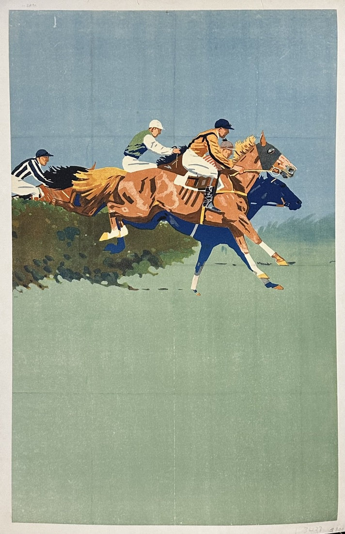 While the specific origin isn't definitively stated as a country in the provided search results, titles like "Le saut d'obstacle" (French for "The show jump") and "Course de chevaux - Jockey" (French for "Horse race - Jockey") suggest a French origin. Additionally, one source describes a similar print as a "Beautiful French Horse Race Print".