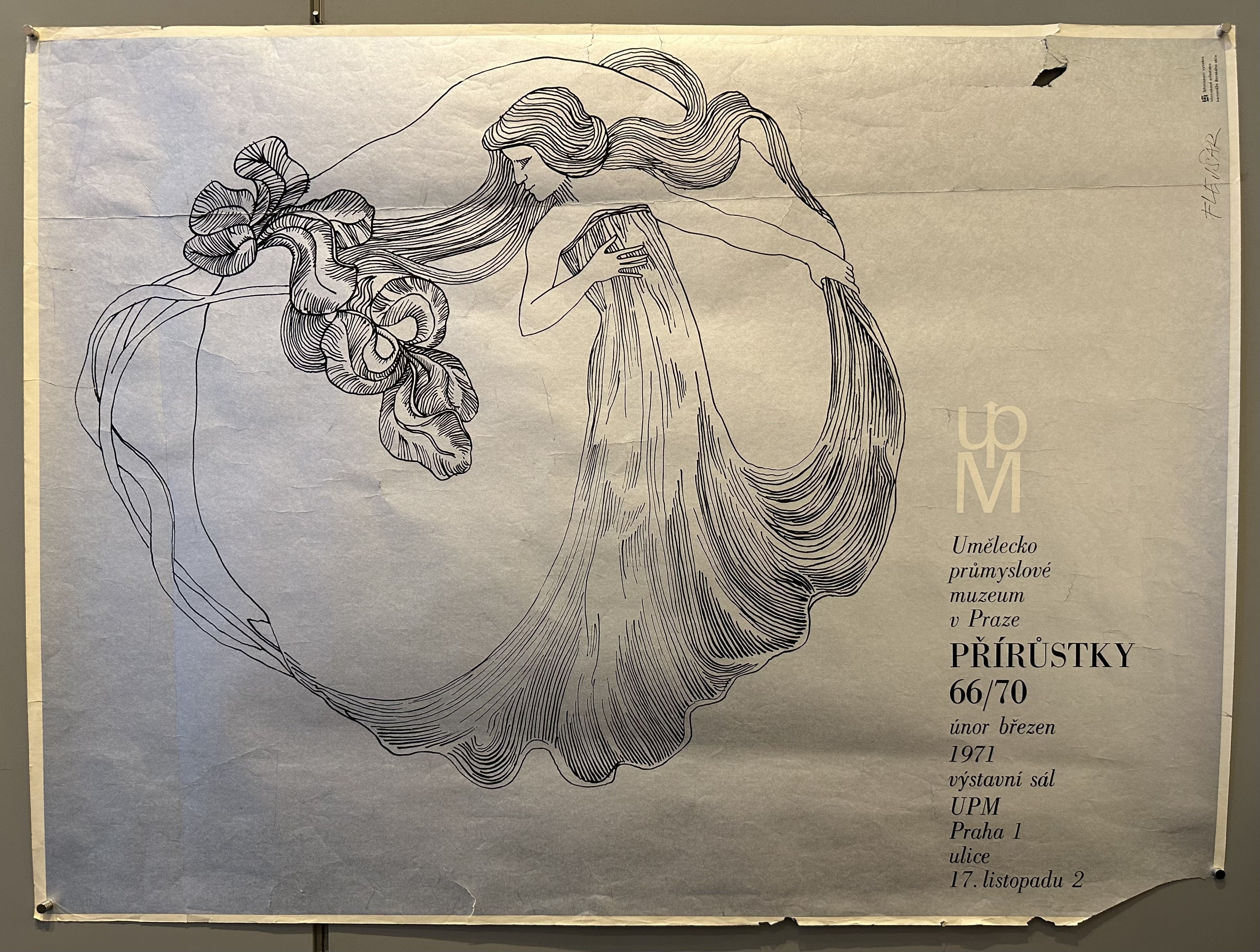 Pen and ink drawing of a woman wearing a flowy dress that transforms into her hair, with cursive black text about the exhibition to the right of her.