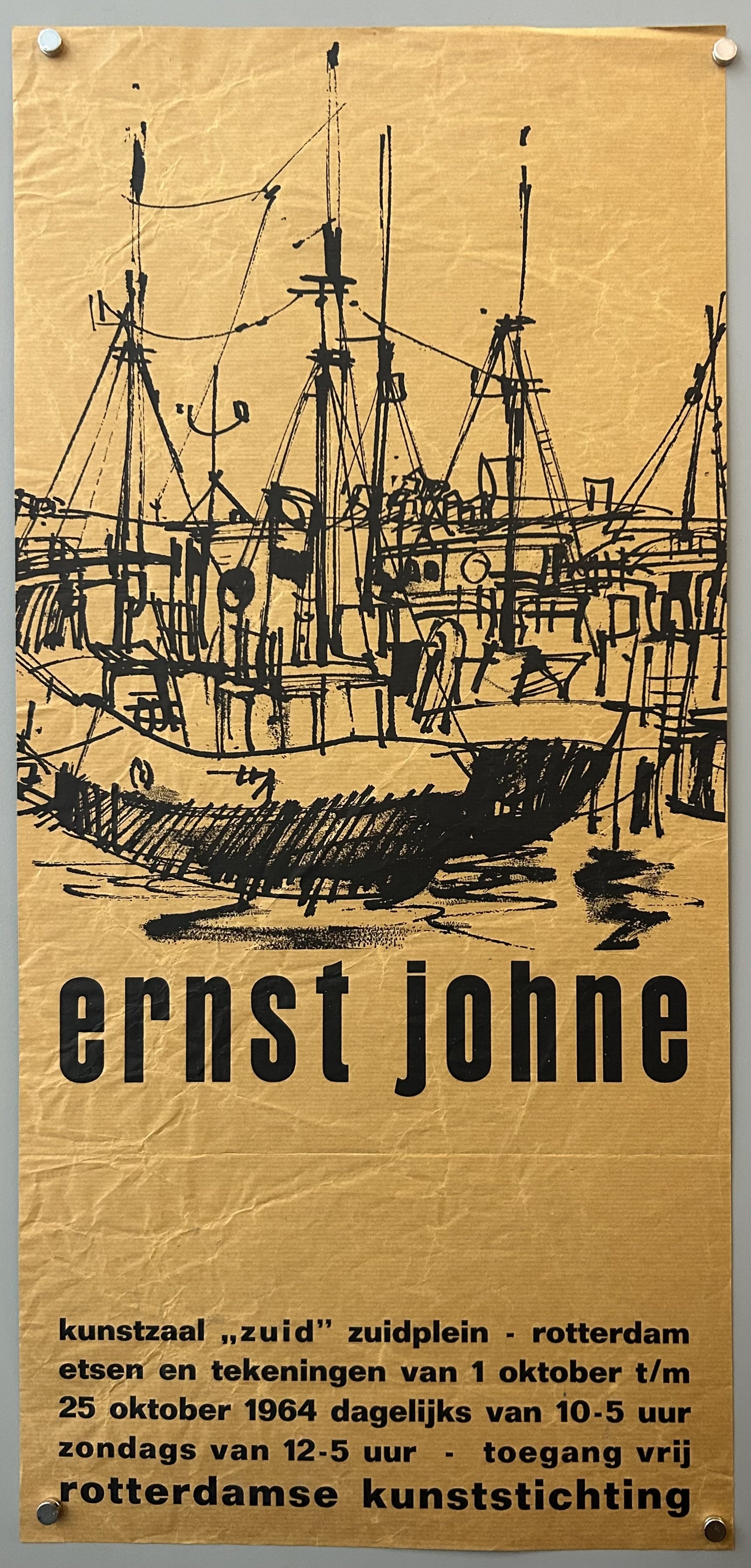 Yellow poster with black drawings of ships and black text below.