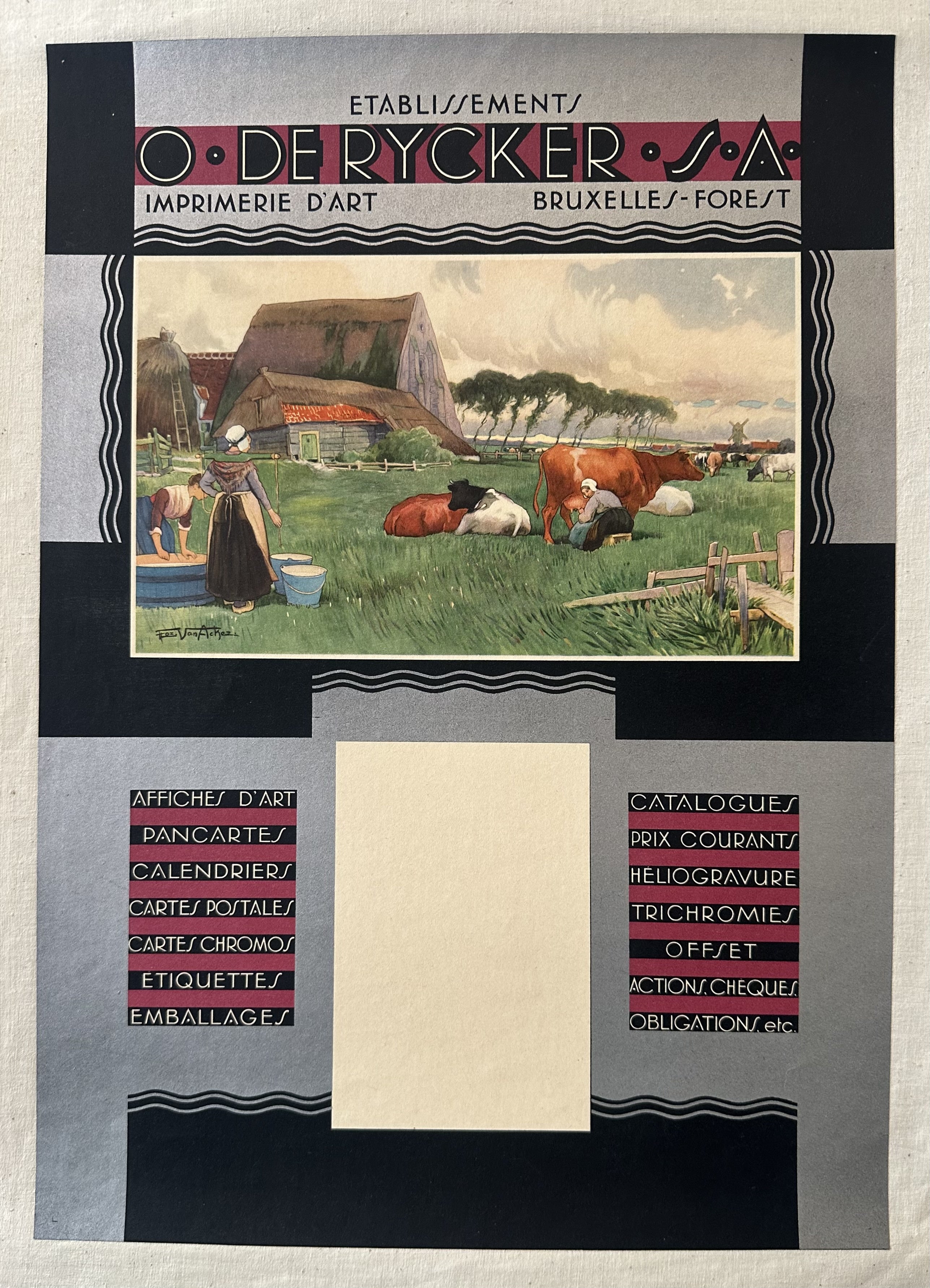"Etablissements O. de Rycker S.A." printing company in Brussels, Belgium. The poster features a rustic farm scene with cows in the background and a list of the company's printing services in French on the left and right sides.