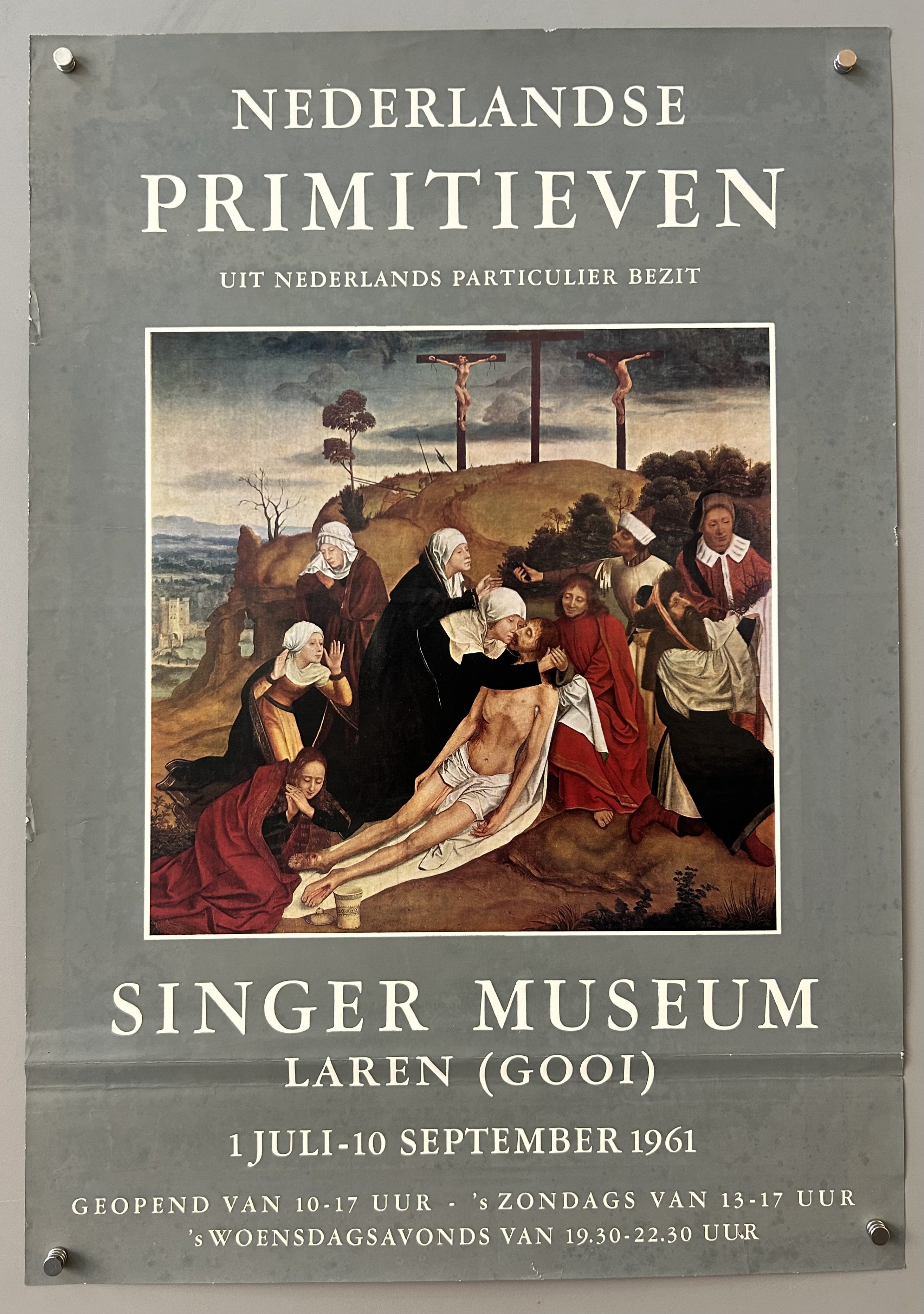 Grey poster with white text and insert of a Dutch painting of the crucifixion to promote exhibition.