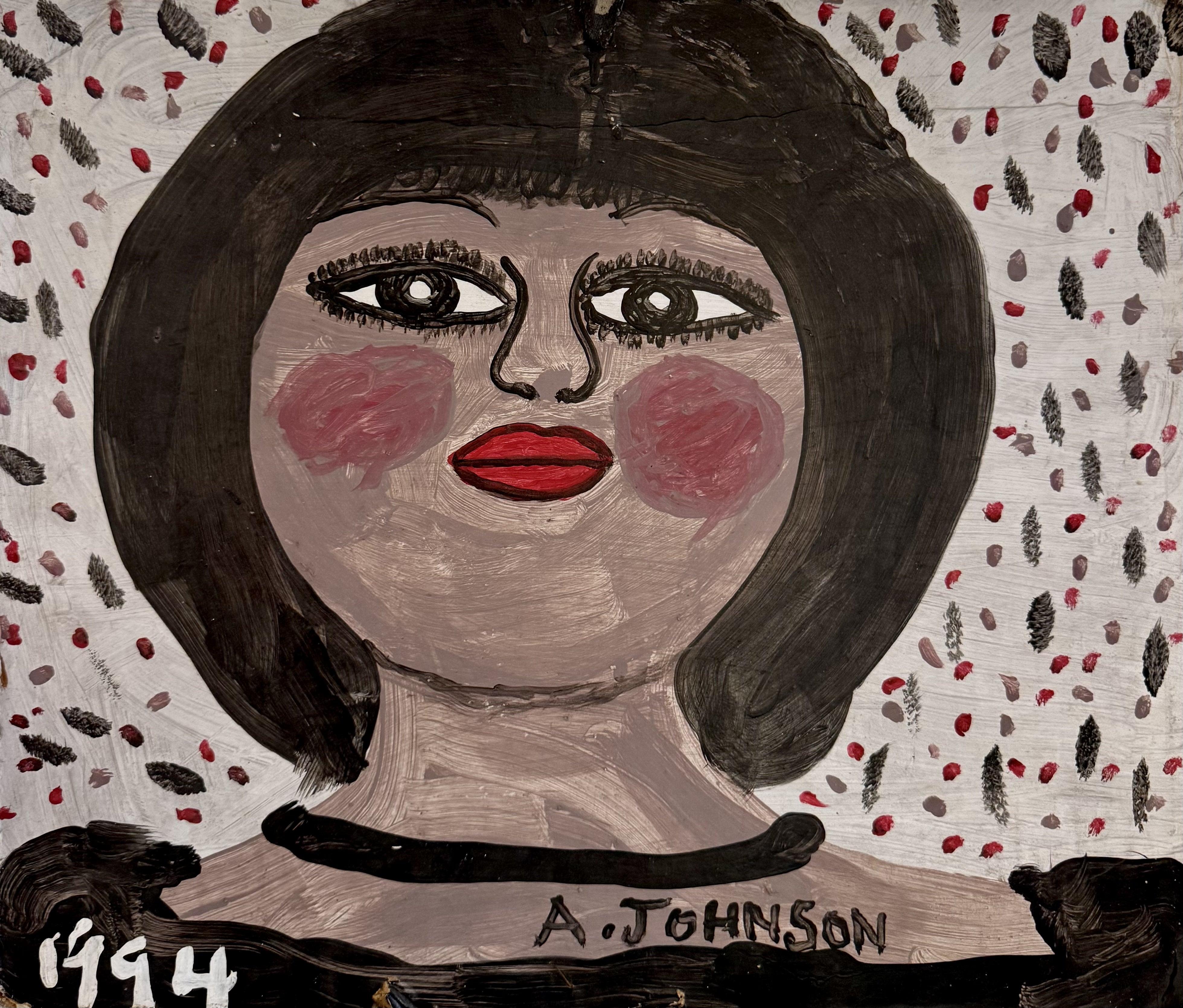 A portrait of a brunette woman done by folk artist Anderson Johnson.
