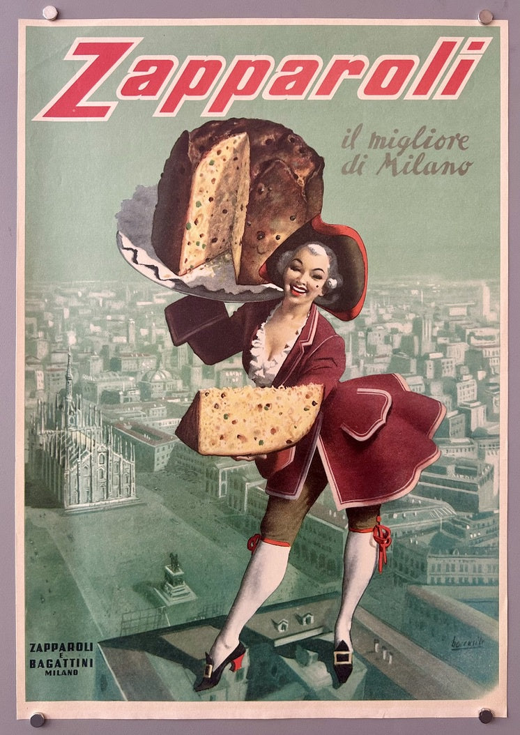 A vintage Italian advertising poster for Zapparoli panettone, a sweet bread from Milan, featuring a smiling woman in a red outfit and hat, holding a slice of panettone and a large panettone, with the Milan Cathedral and city skyline in the background.