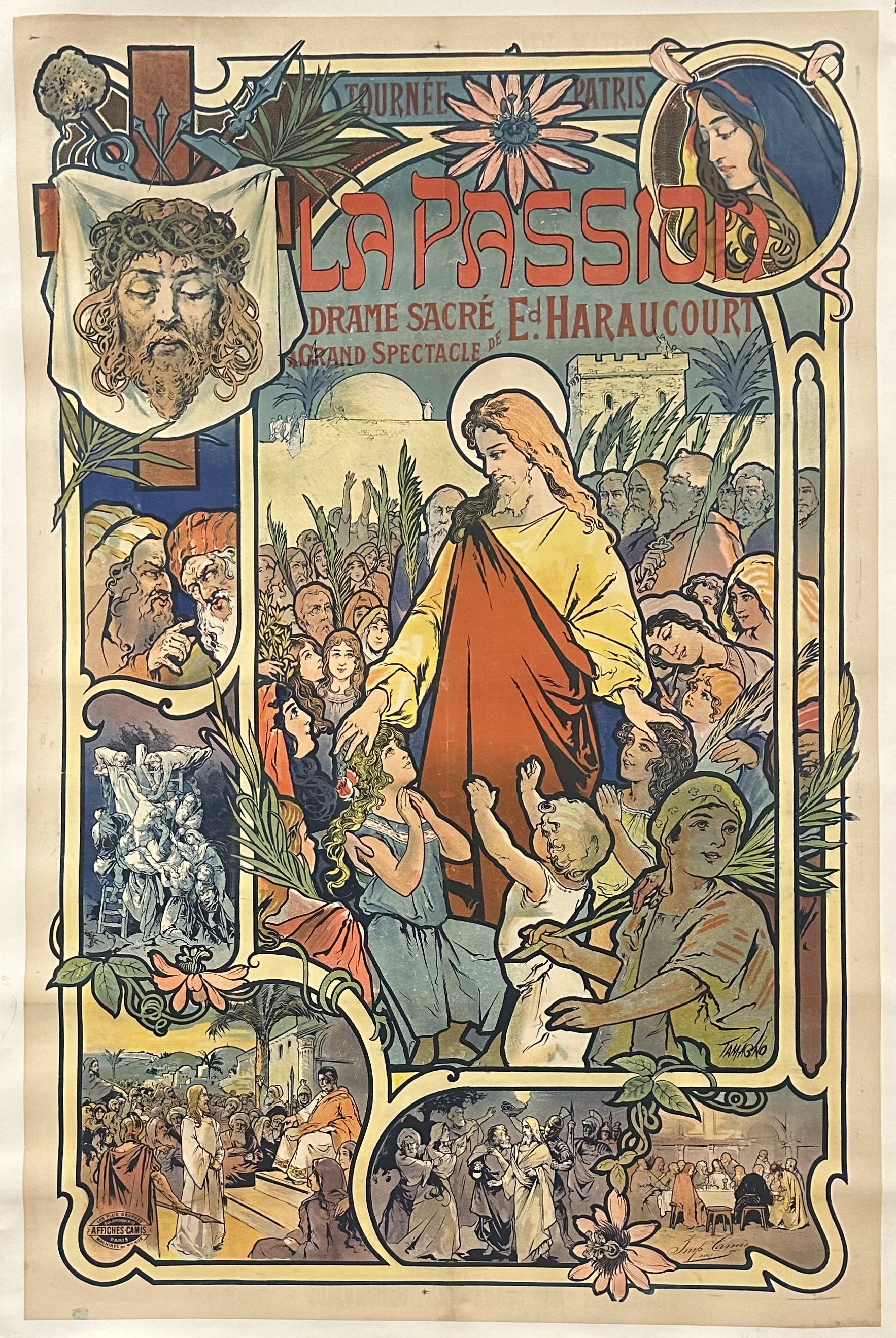A vintage french play about Jesus' final moments with many different frames displaying many scenes from the play. In the center Jesus is surrounded by crouds of people and above him is french text.