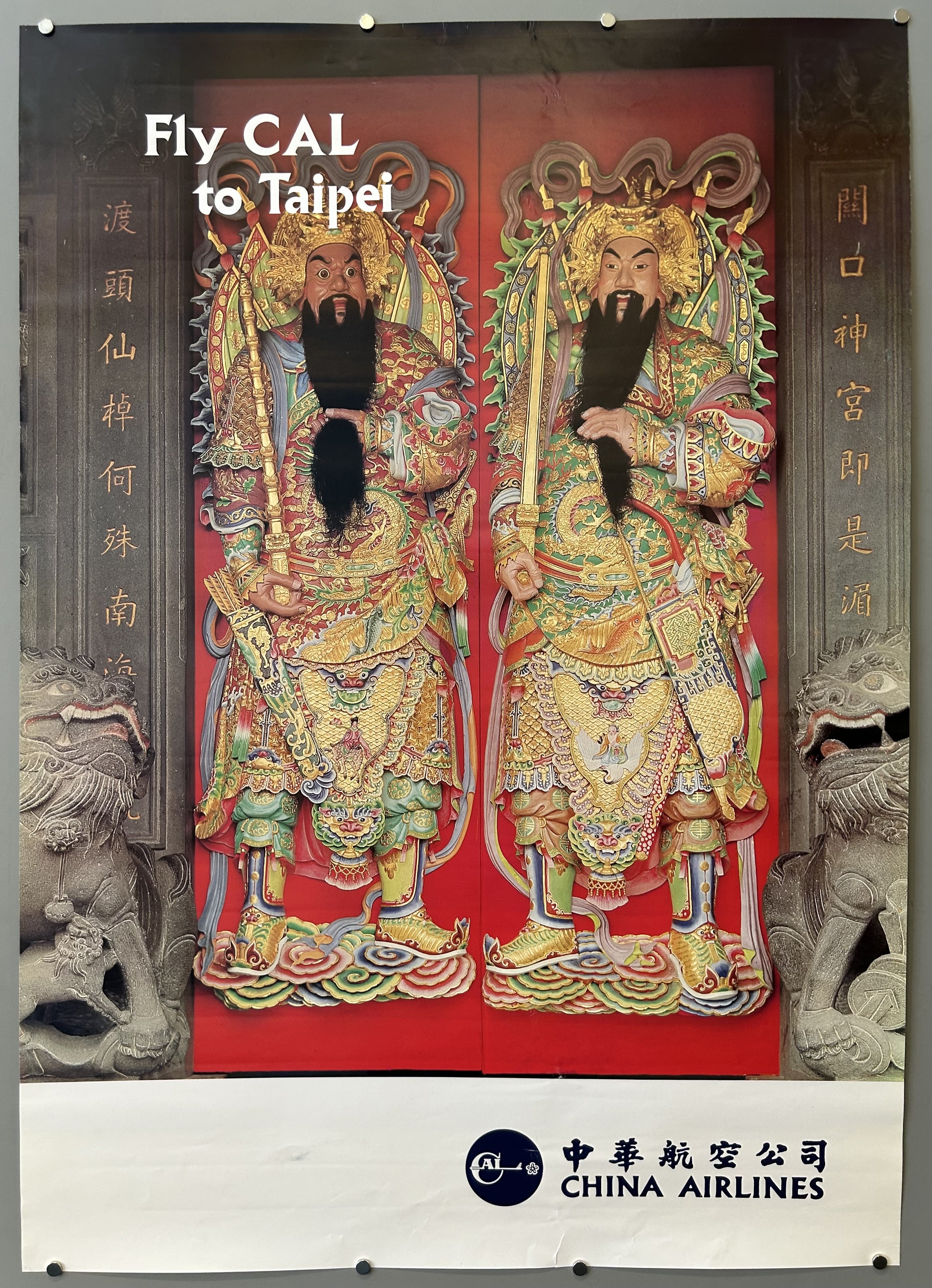 Photograph of two menshen on a red door in vintage travel poster from CAL China Airlines, with white border along bottom.