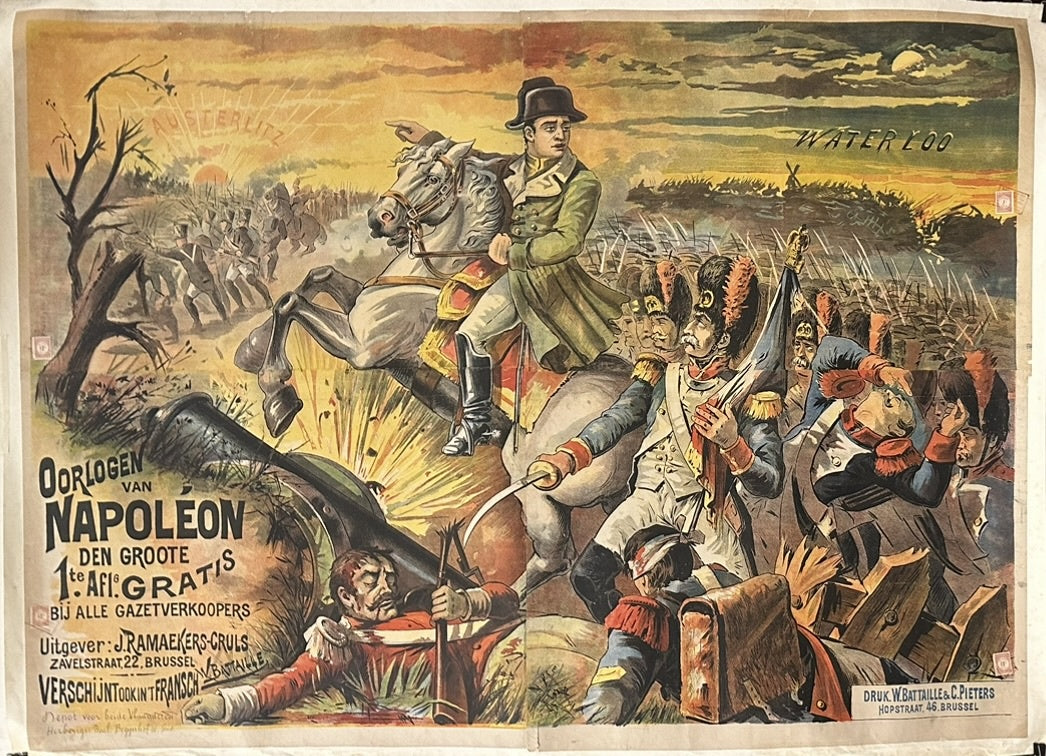 Napoleon Bonaparte rides into the Battle of Austerlitz with the Battle of Waterloo shown behind him.