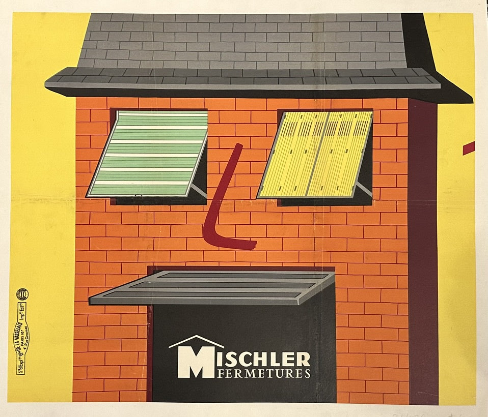 This poster is an advertisement for Mischler Fermetures, a French company specializing in window closures. The design is notable for its clever use of a house facade to represent a face, with the windows serving as eyes (featuring different types of closures) and a door as the mouth. The poster is linen-backed with canvas, indicating its format and potential age.