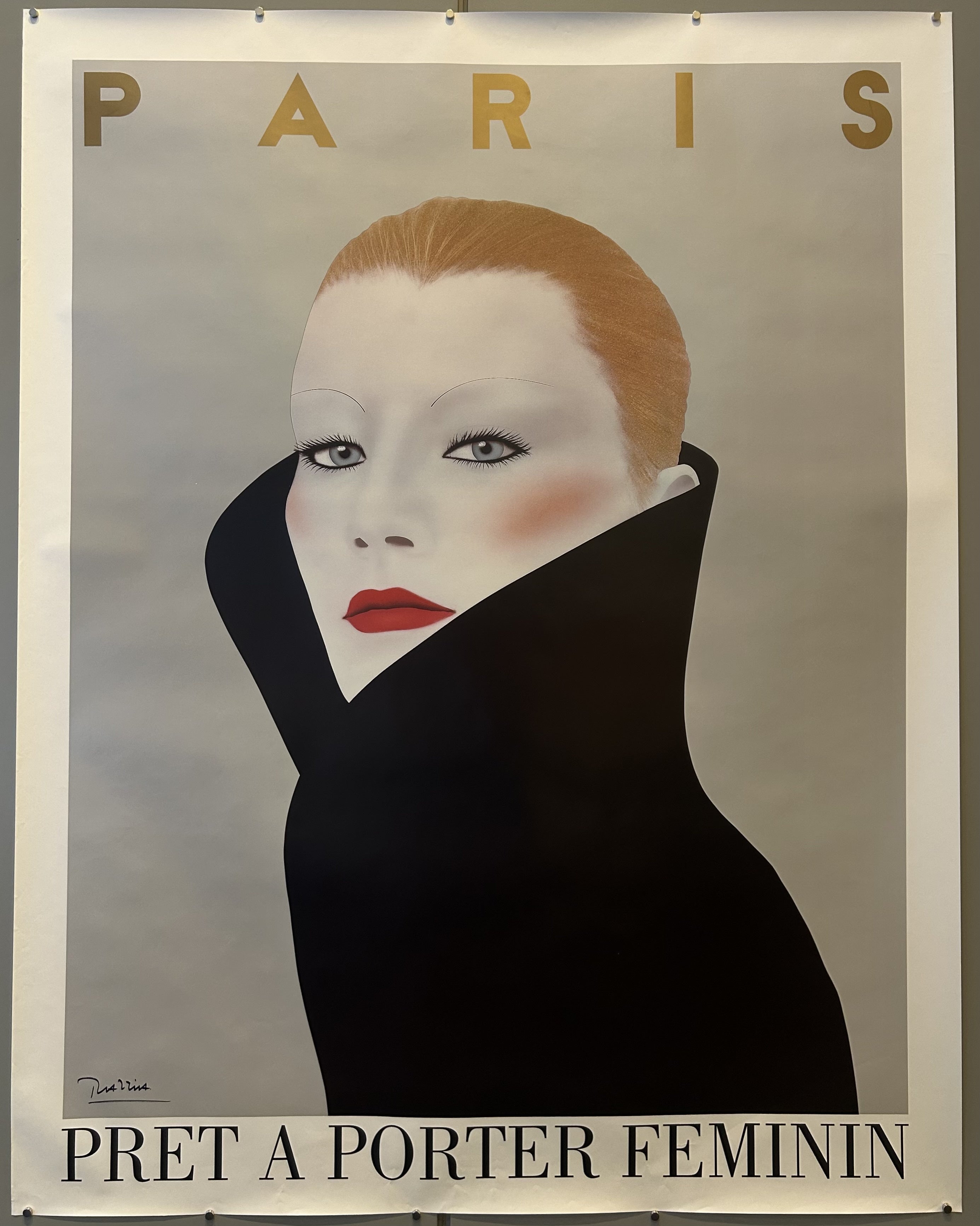 Large poster of an illustrated woman wearing white makeup to promote Paris Fashion Week in the 1980s.